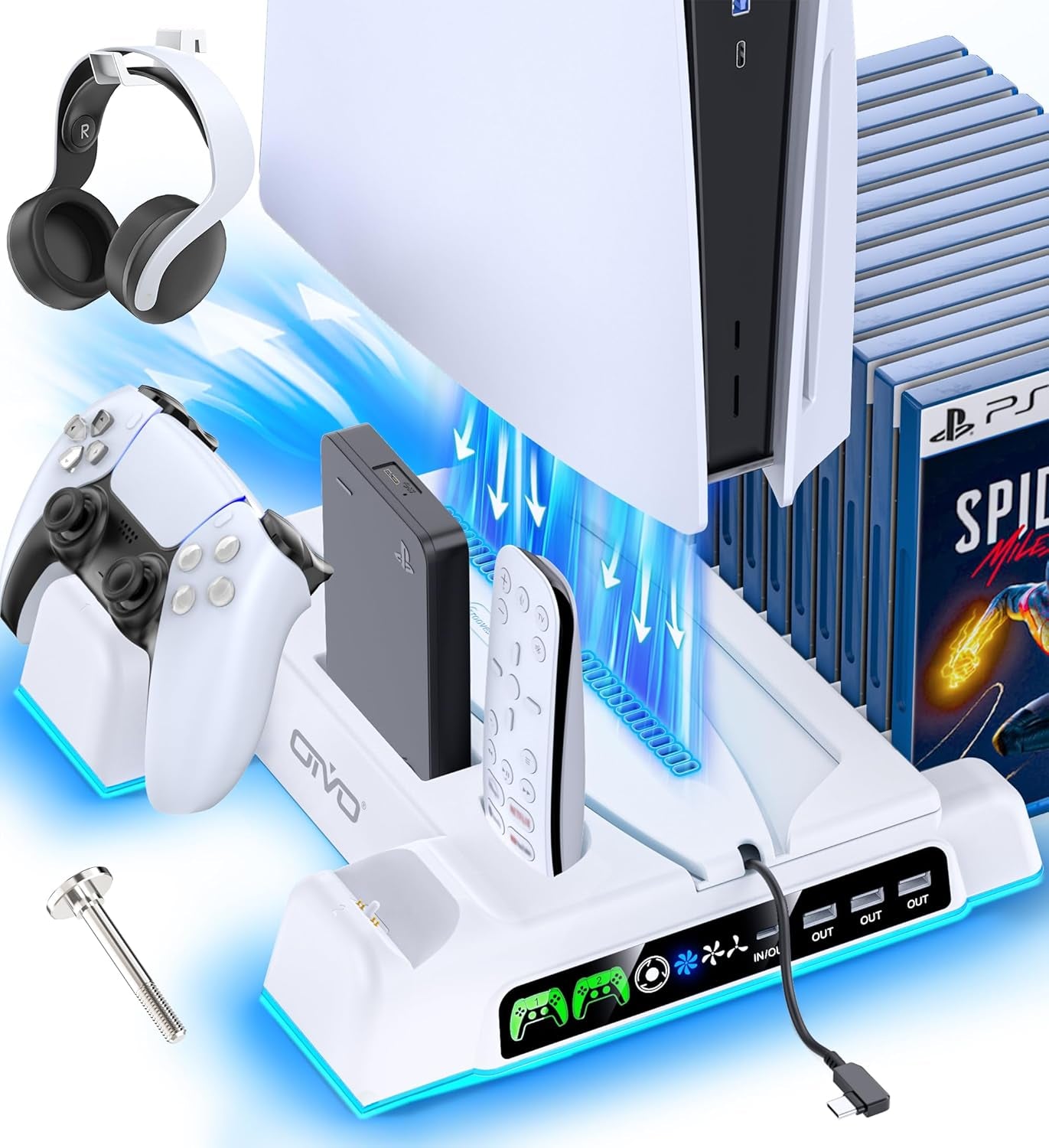 Ps5/Slim/Pro Stand and Cooling Station with LED Controller Charging Station for Playstation 5 Console, Controller Charger, Cooling Stand, Ps5/Slim/Pro Accessories Kit with 3 Level Cooler Fan