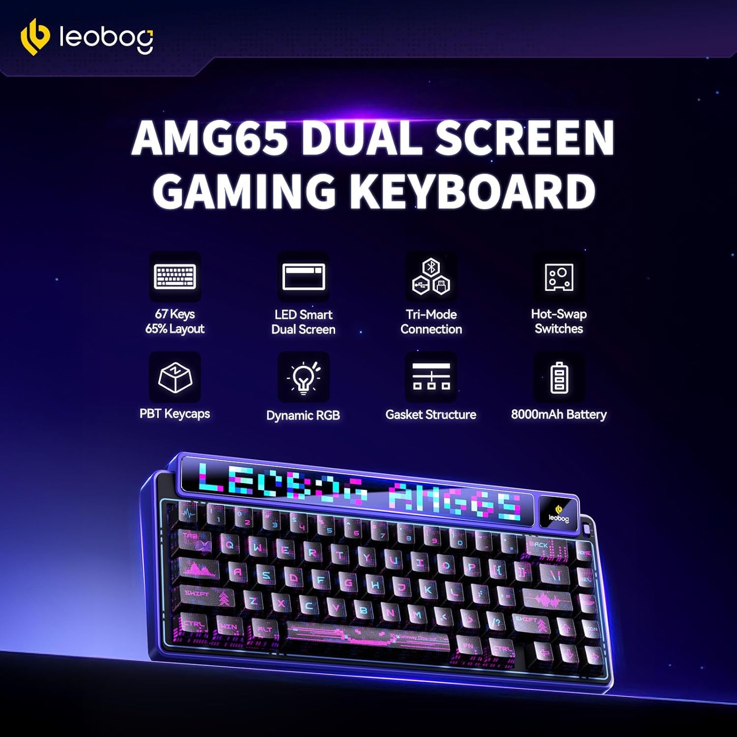 X Aula AMG65 Mechanical Gaming Keyboard with Dual Screen, 65% Wireless Small Custom Keyboard RGB, Bluetooth/2.4G/Wired, Rapid Trigger, Hot Swappable for Windows Laptop PC Mac - Purple