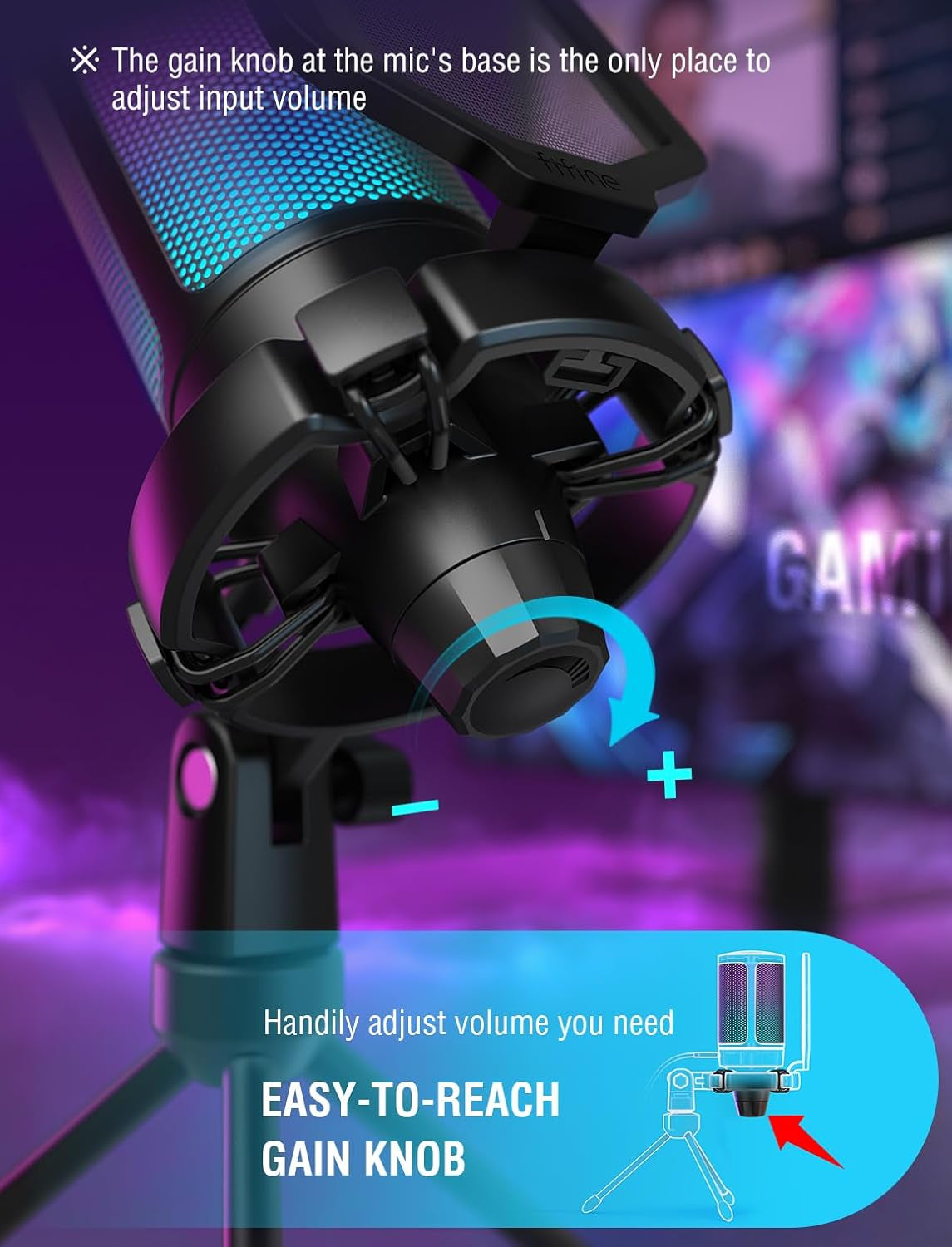 Gaming USB Microphone for PC PS5, Condenser Mic with Quick Mute, RGB Indicator, Tripod Stand, Pop Filter, Shock Mount, Gain Control for Streaming Discord Twitch Podcasts Videos- Ampligame
