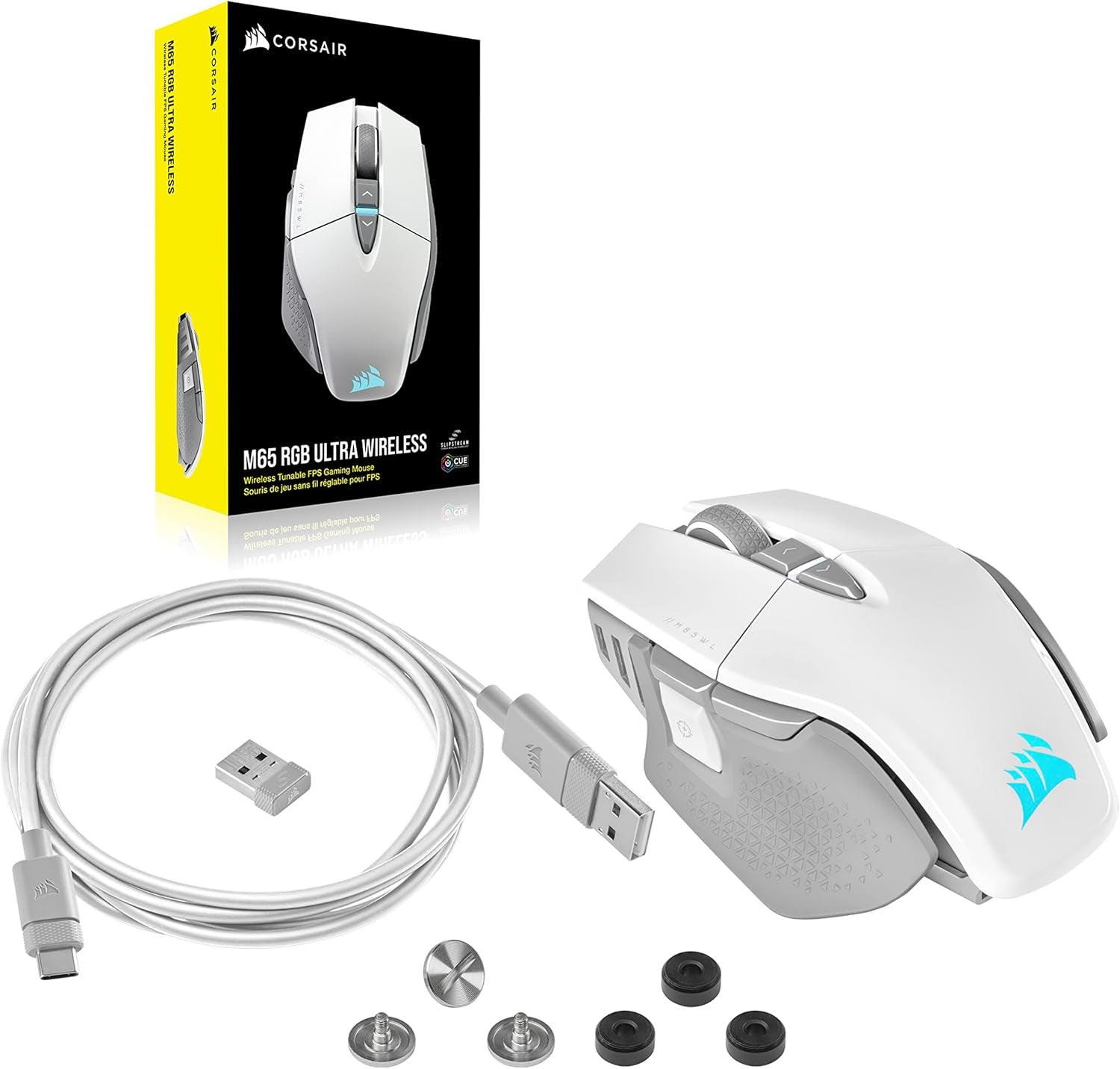 M65 RGB Ultra Wireless Tunable FPS Gaming Mouse - Sub-1Ms Slipstream Wireless Technology, 26,000 DPI Optical Sensor, up to 120 Hours of Battery Life, 8 Programmable Buttons - White