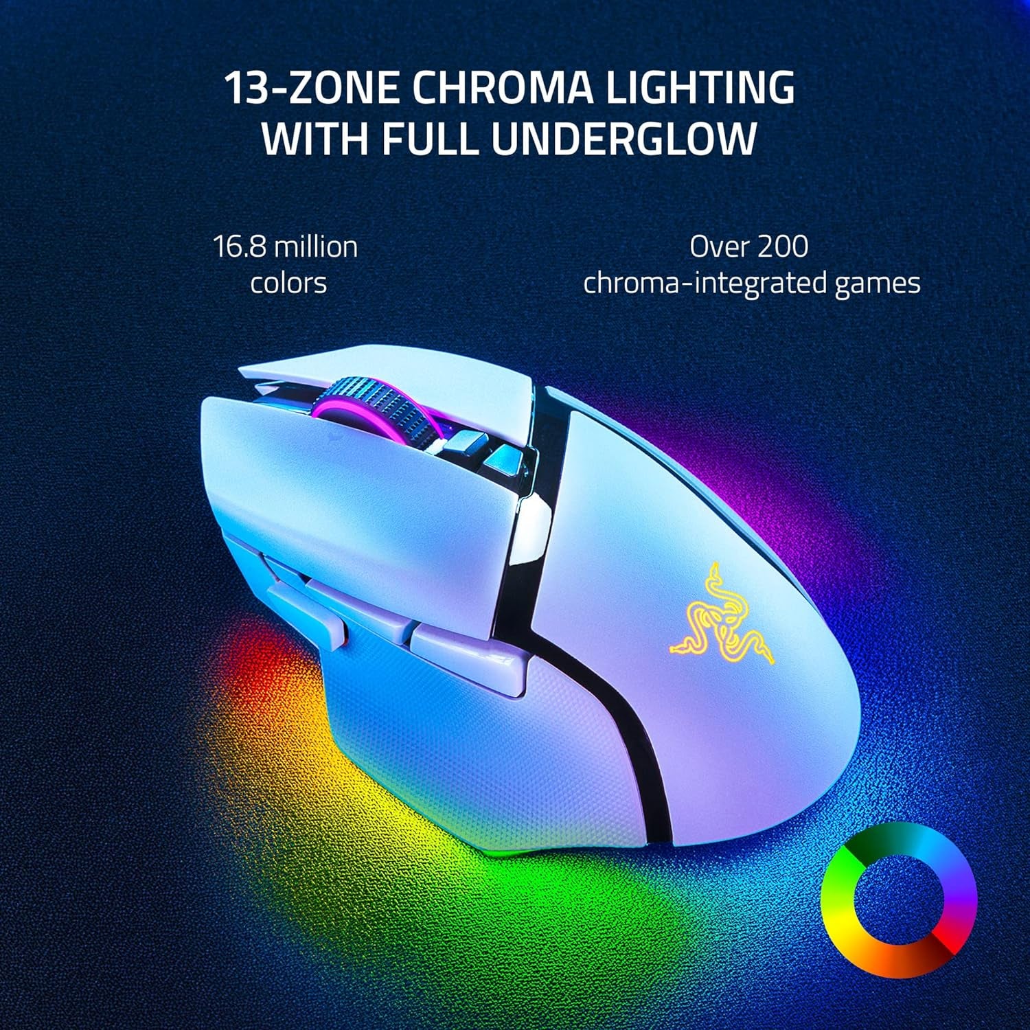 Basilisk V3 Pro Customizable Wireless Gaming Mouse: Fast Optical Switches Gen-3 - Hyperscroll Tilt Wheel - Chroma RGB - 11 Programmable Buttons - Focus Pro 30K Optical Sensor - White