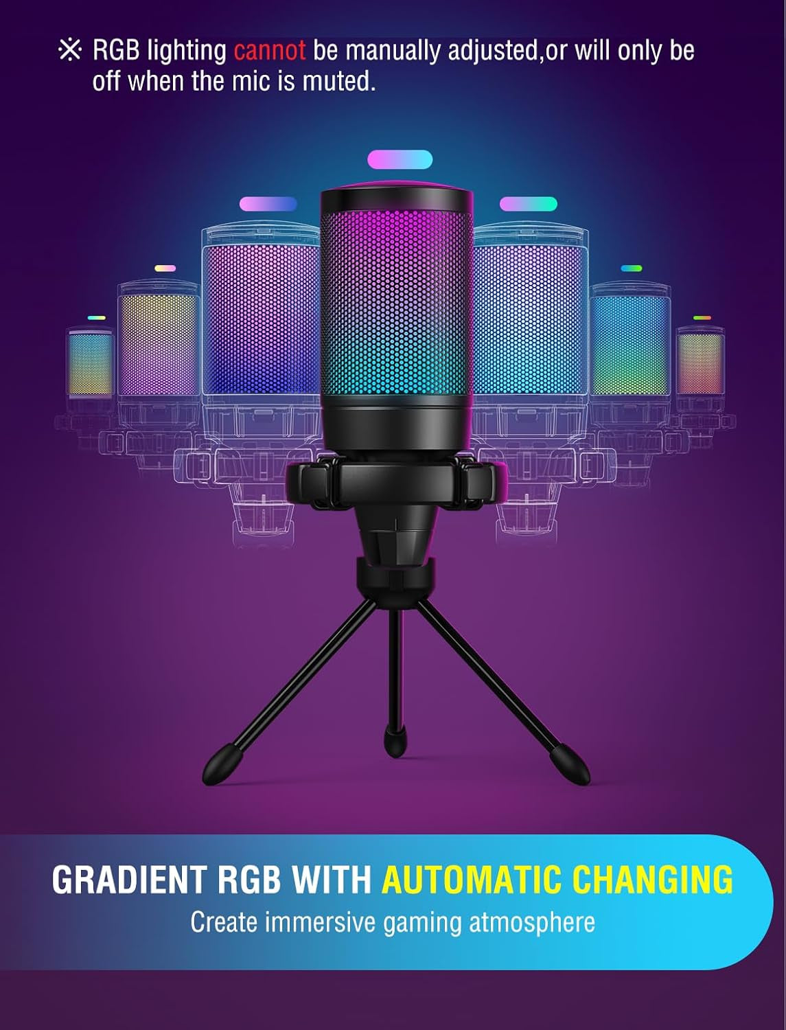 Gaming USB Microphone for PC PS5, Condenser Mic with Quick Mute, RGB Indicator, Tripod Stand, Pop Filter, Shock Mount, Gain Control for Streaming Discord Twitch Podcasts Videos- Ampligame