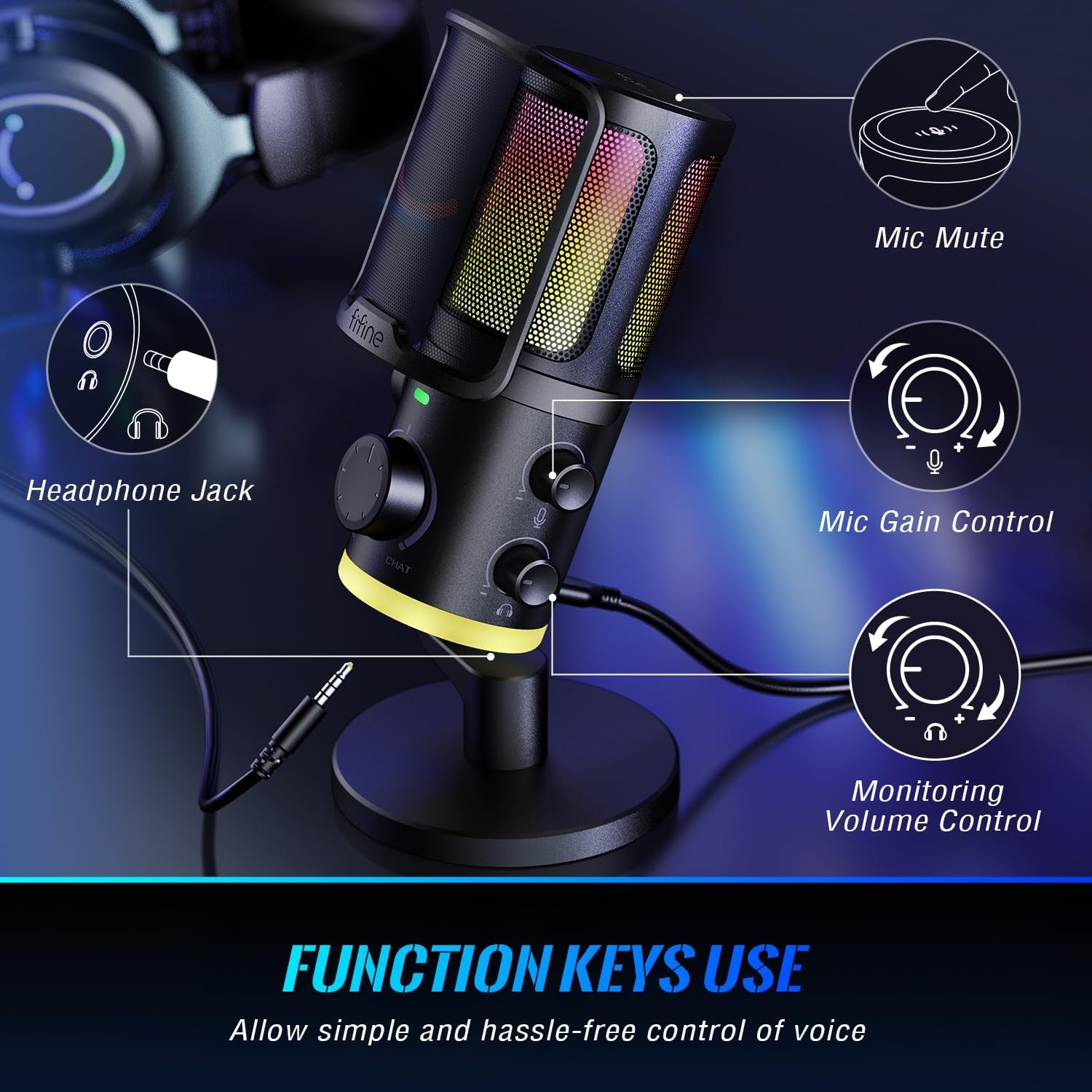 Gaming PC Microphone, USB Streaming Microphone with Game Chat Balance, Computer Condenser Desktop RGB Mic with Mute Button, Noise Cancellation for Podcast/Twitch/Discord-Ampligame AM6