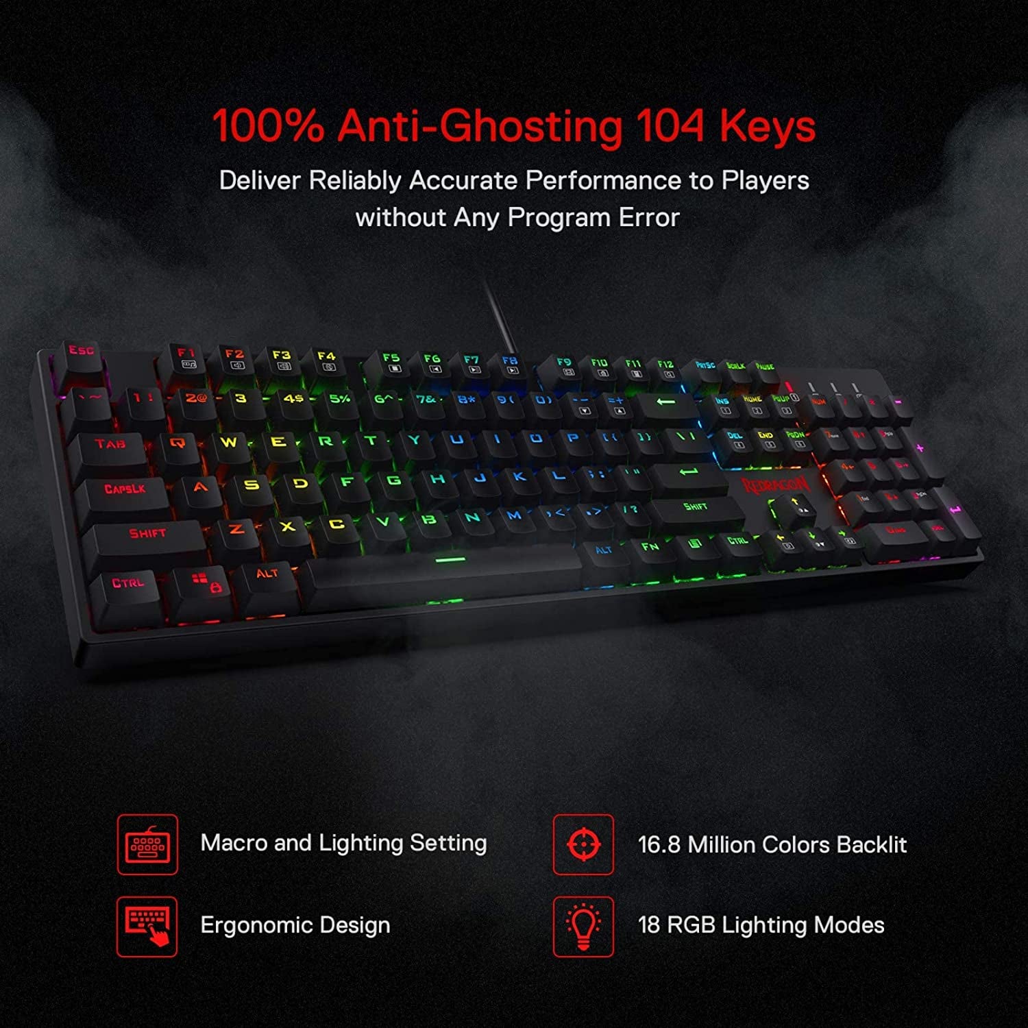 K582 RGB Mechanical Gaming Keyboard, 100% 104 Keys Standard Layout Gaming Keyboard with Double-Shot ABS Keycaps, Dynamic 16.8M RGB Backlit & Linear Red Switch, Redefine Software Supported