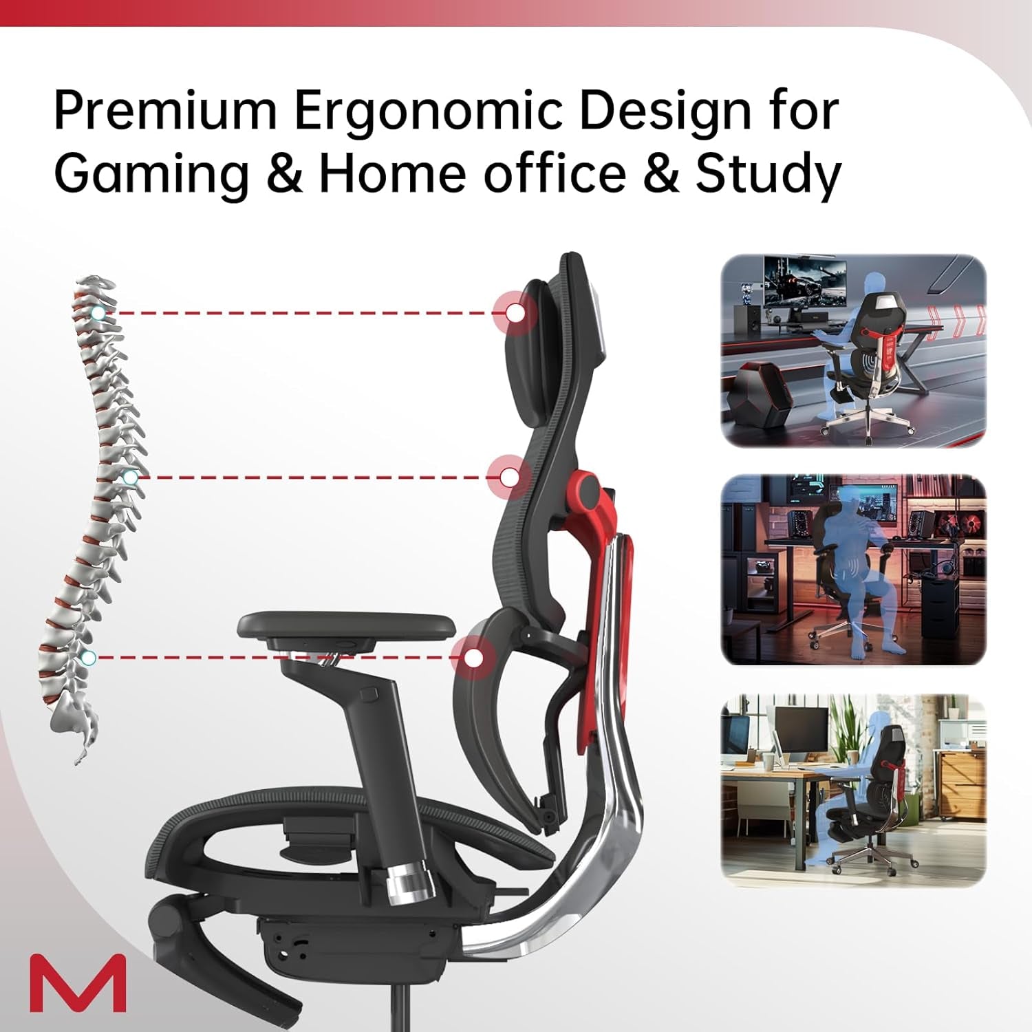 ES2T Computer Desk Gaming Chair with 2-Piece Protrusion Adjustable Lumbar Support Trackmaster 6D Armrest Height Adjustable with 2D Leather Headrest 136° Tilt for Office and Gaming