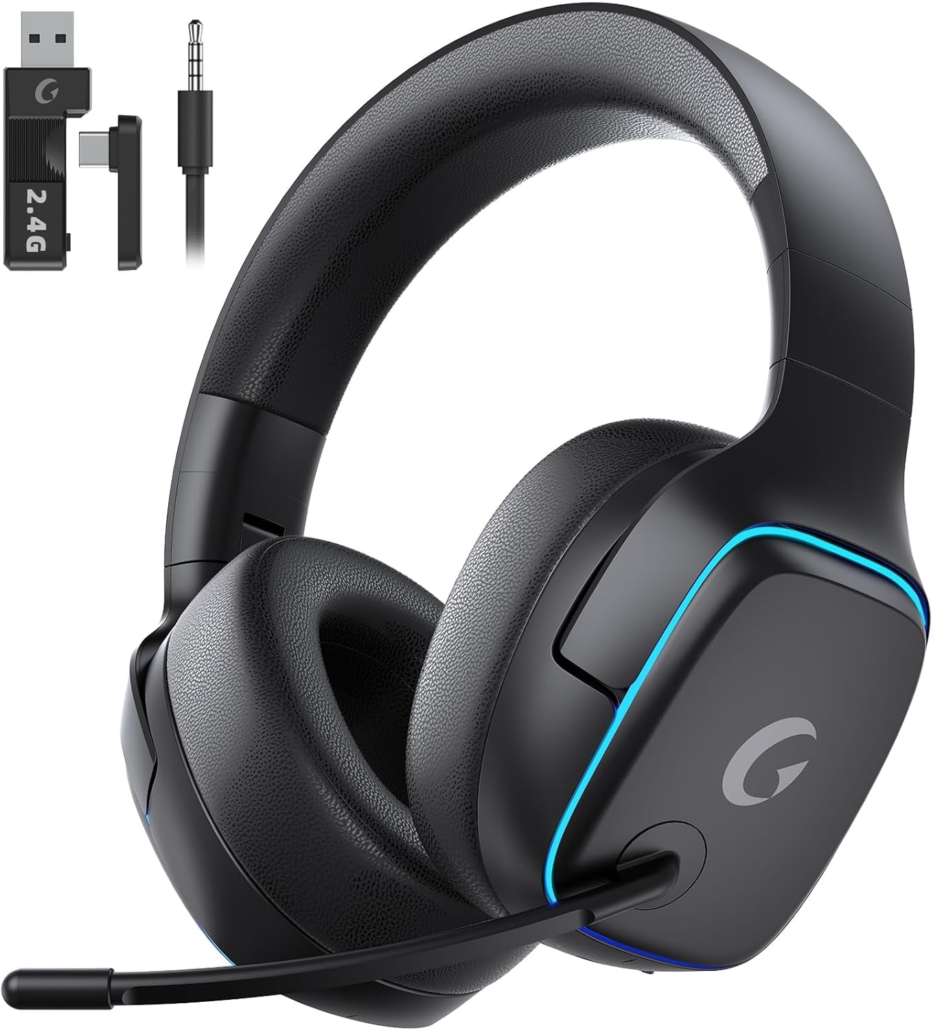 2.4Ghz Wireless Gaming Headsets for PS5, PS4, PC, Switch - Bluetooth 5.3 Gaming Headphones with Noise Canceling Mic, 7.1 Surround Sound, 70H Battery, Blue Lighting - Black
