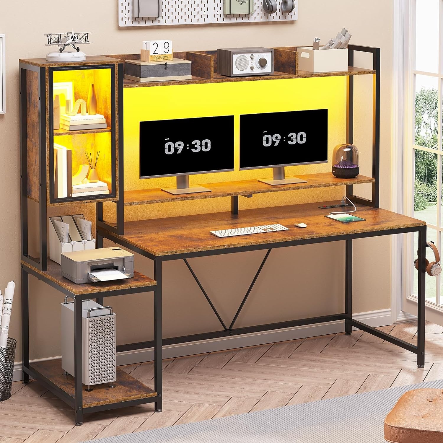 Gaming Desk, 60'' Gaming Desk with Hutch and LED Lights, Computer Desk with Storage Shelves, Large PC Gamer Desk with Display Cabinet, Monitor Stand, Power Outlet for Home Office, Rustic Brown