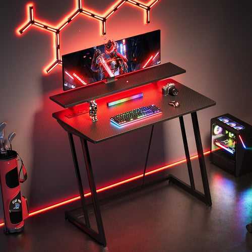 32-Inch Small RGB Gaming Desk with LED Lights & Power Outlets|Compact Gaming Table for PC Setup, Carbon Fiber Surface, Monitor Stand|Space-Saving Computer Desk for Esports & Streaming, Black
