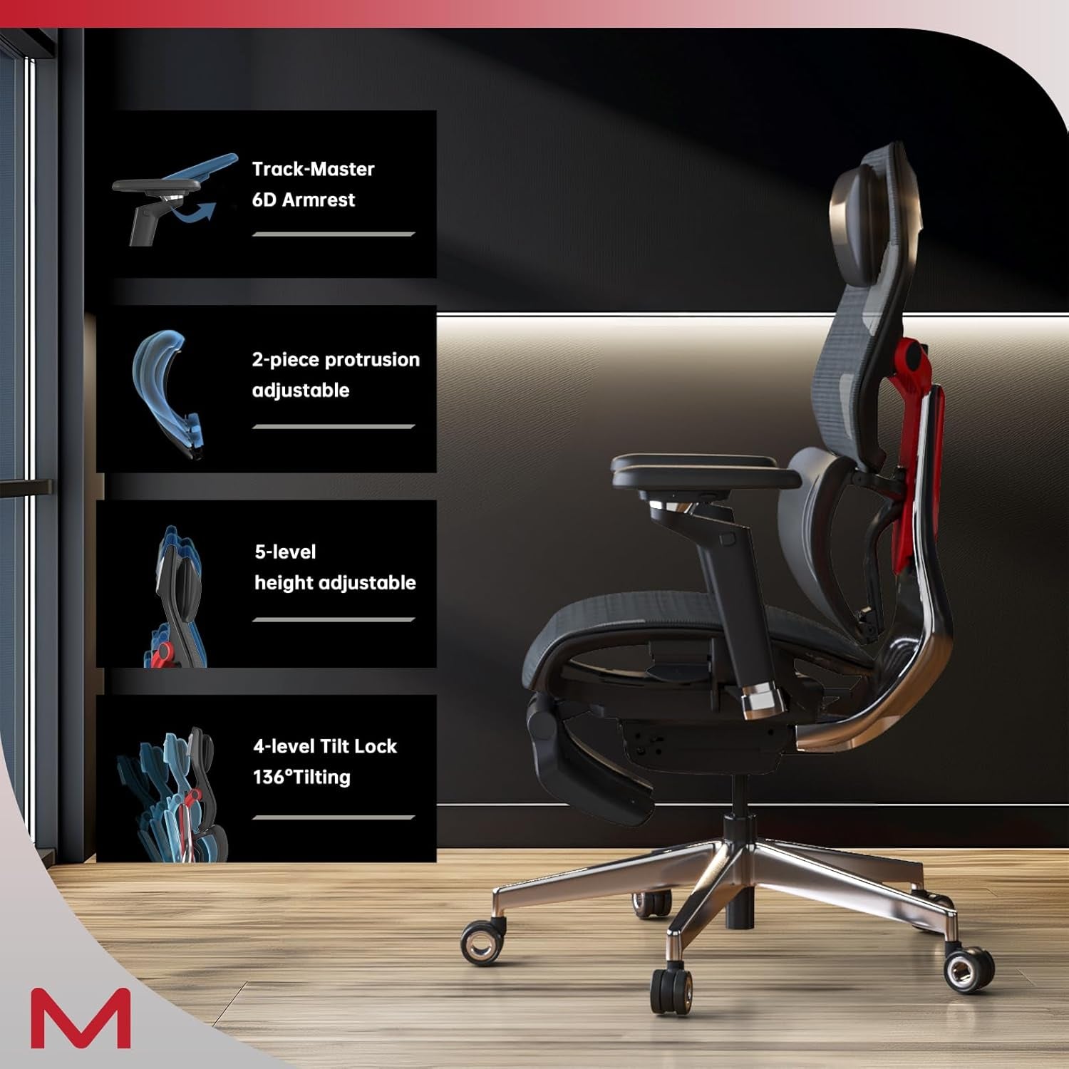 ES2T Computer Desk Gaming Chair with 2-Piece Protrusion Adjustable Lumbar Support Trackmaster 6D Armrest Height Adjustable with 2D Leather Headrest 136° Tilt for Office and Gaming