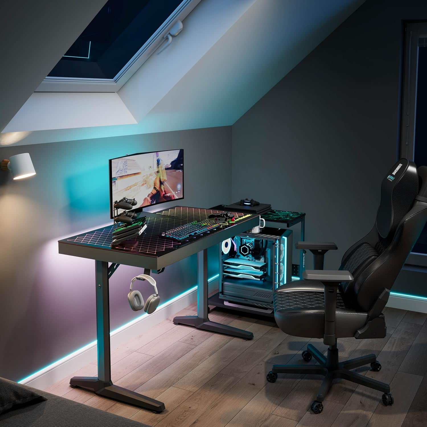 RGB LED Gaming Desk, Music Sync Lights up Tempered Glass Desktop, 43" GTG I43 Home Office Computer Table W Controller Rack 4 USB Charging Ports, APP Control
