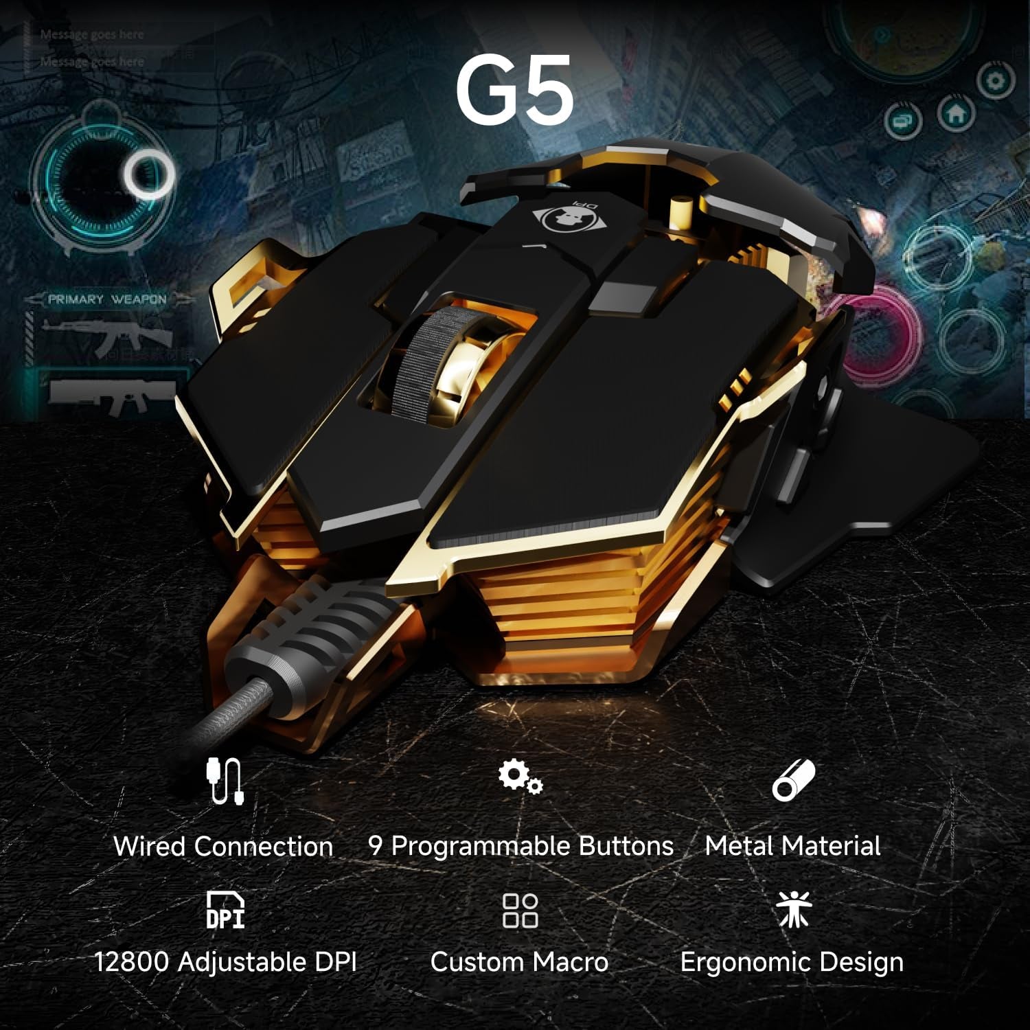G5 Wired Gaming Mouse, Ergonomic RGB Computer Mouse, 12800 Adjustable DPI, 9 Programmable Macro Buttons with Rapid Fire Key Compatible for Pc/Laptop/Windows- Black&Gold