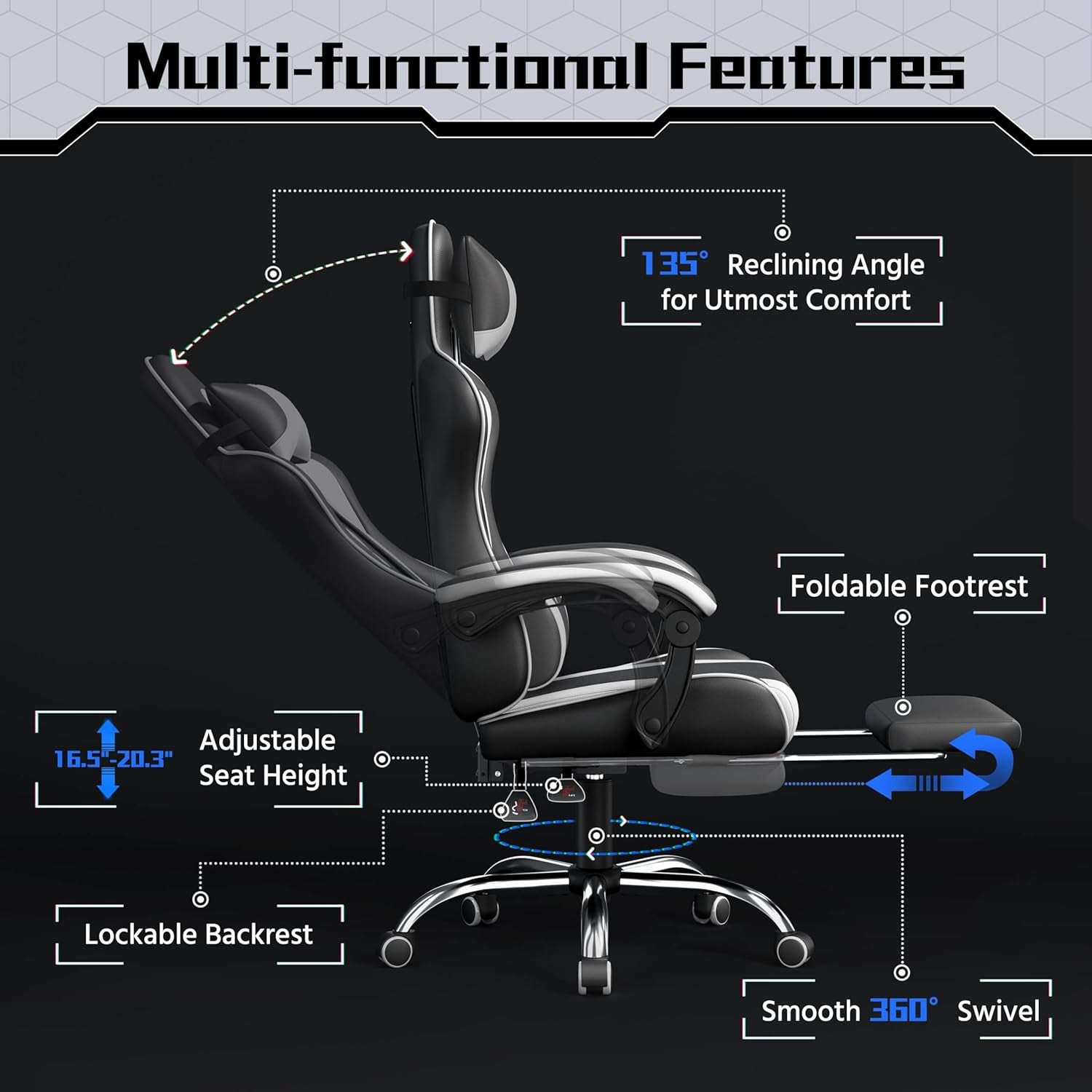 Gaming Chair, Video Game Chair with Massage Lumbar Support and Footrest Height Adjustable Ergonomic Computer Gaming Chair with Swivel Seat and Headrest, Black/White