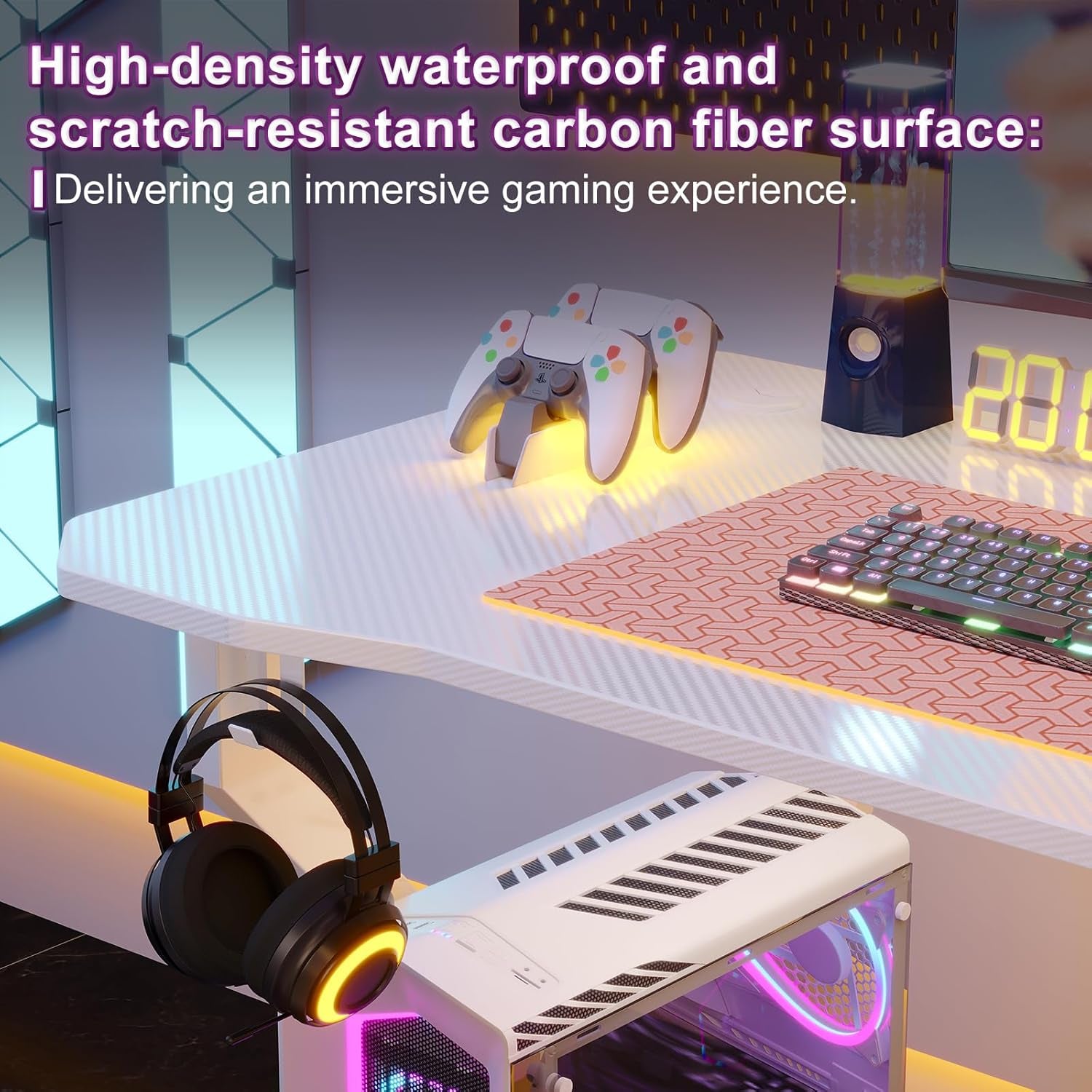 Gaming Desk Z Shaped 40 Inch Gamer Workstation, Home Computer Carbon Fiber Surface Gaming Desk PC Table with Headphone Hook, Carbon Fiber White