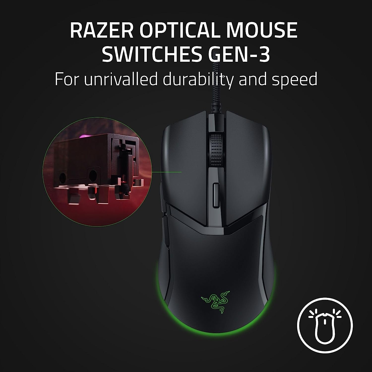 Cobra Gaming Mouse: 58G, Gen-3 Optical Switches, Chroma RGB Lighting, 8500 DPI Sensor, PTFE Feet, Speedflex Cable - Black