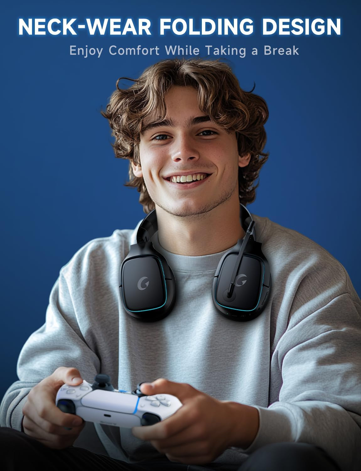 2.4Ghz Wireless Gaming Headsets for PS5, PS4, PC, Switch - Bluetooth 5.3 Gaming Headphones with Noise Canceling Mic, 7.1 Surround Sound, 70H Battery, Blue Lighting - Black