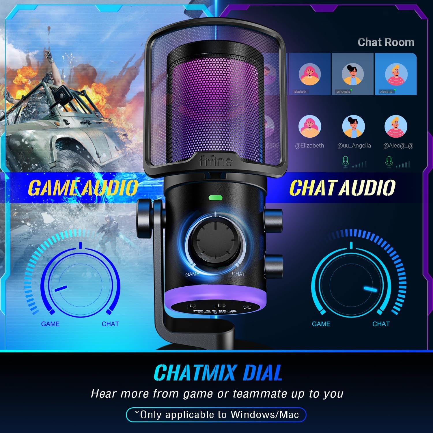 Gaming PC Microphone, USB Streaming Microphone with Game Chat Balance, Computer Condenser Desktop RGB Mic with Mute Button, Noise Cancellation for Podcast/Twitch/Discord-Ampligame AM6