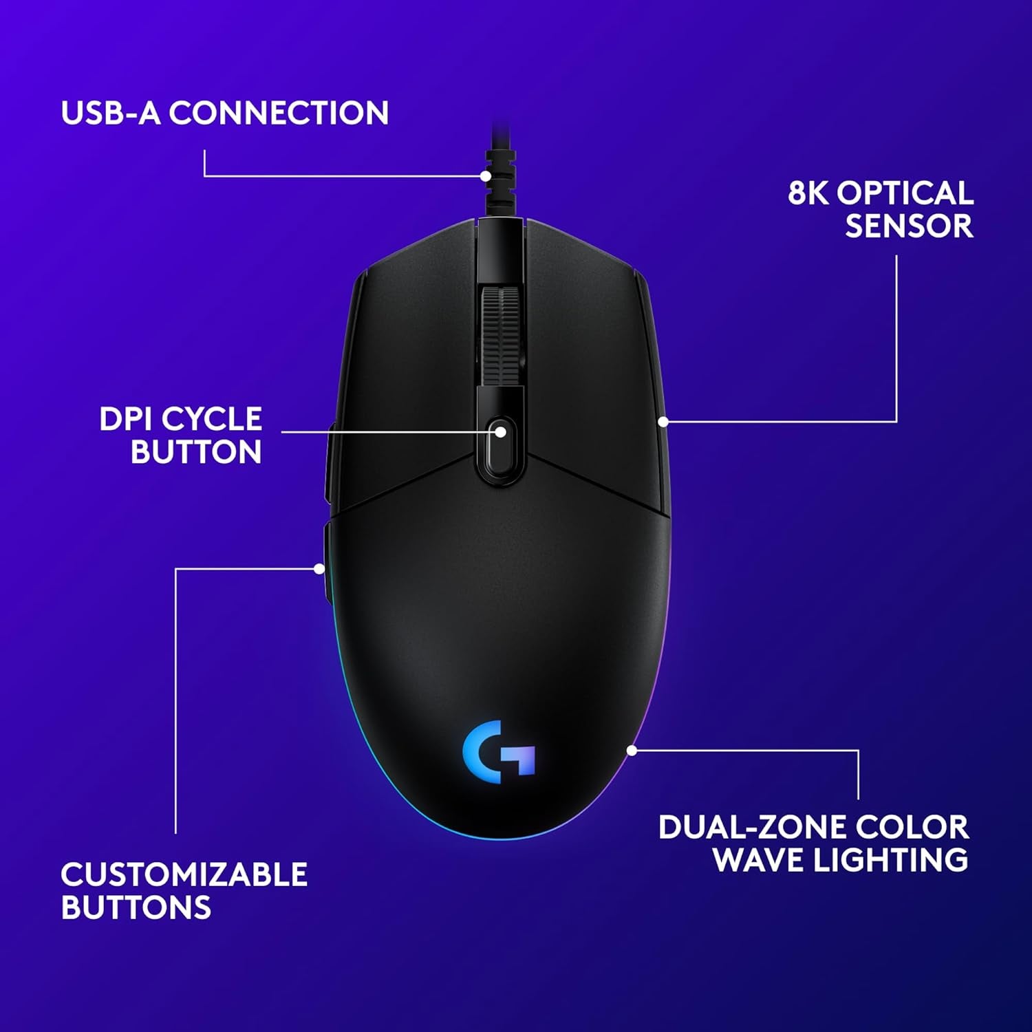 203 Wired Gaming Mouse, 8,000 DPI, Rainbow Optical Effect LIGHTSYNC RGB, 6 Programmable Buttons, On-Board Memory, Screen Mapping, Pc/Mac Computer and Laptop Compatible - Black