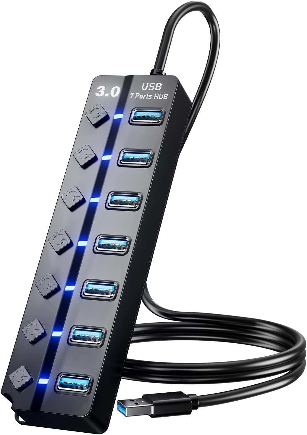 USB 3.0 Hub,  7-Port USB Data Hub Splitter with 3Ft Long Cable USB Extension for Laptop,Pc Computer,Surface Pro, PS4/5, Flash Drive, Mobile HDD - with LED Individual On/Off