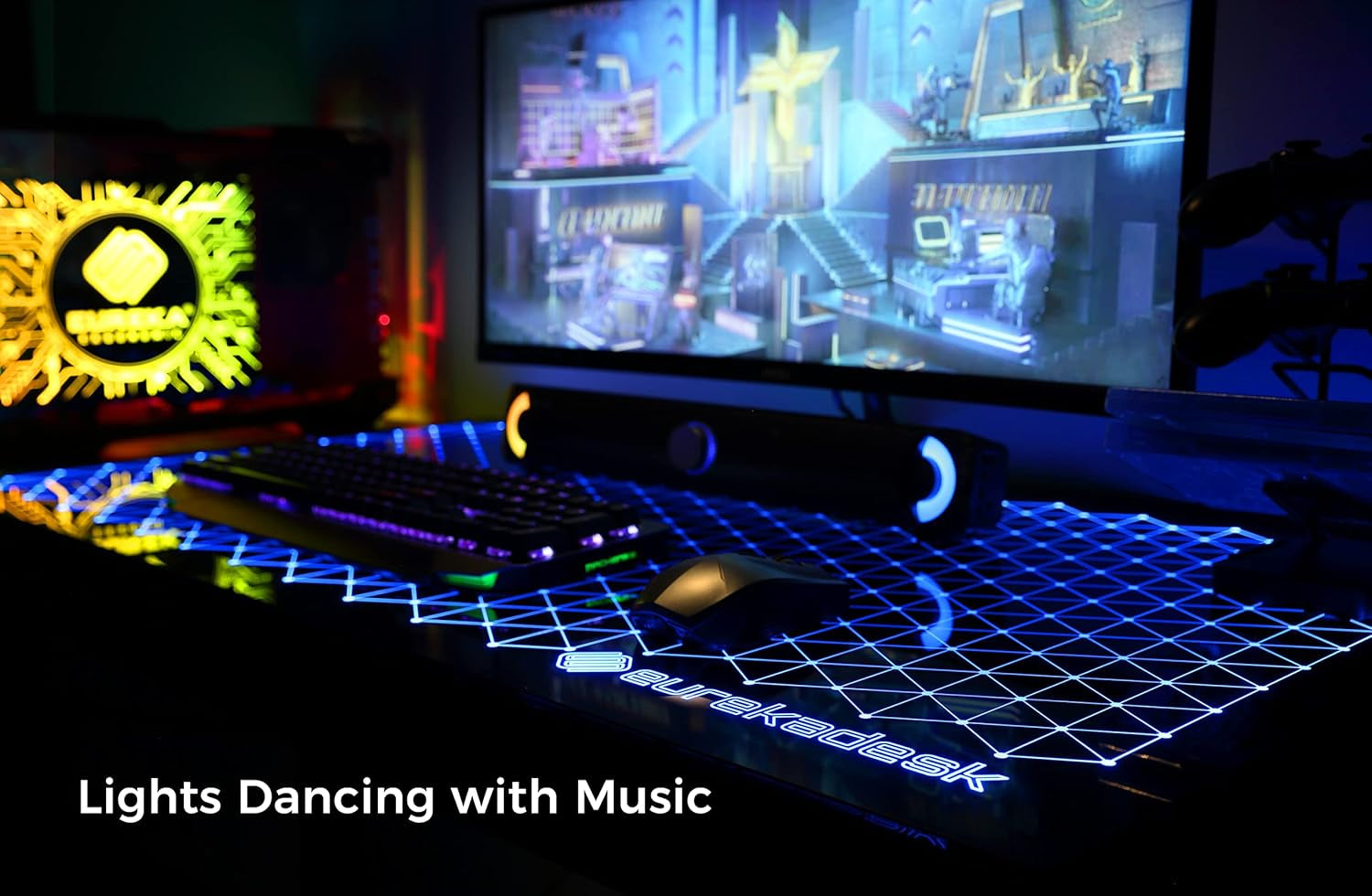 RGB LED Gaming Desk, Music Sync Lights up Tempered Glass Desktop, 43" GTG I43 Home Office Computer Table W Controller Rack 4 USB Charging Ports, APP Control