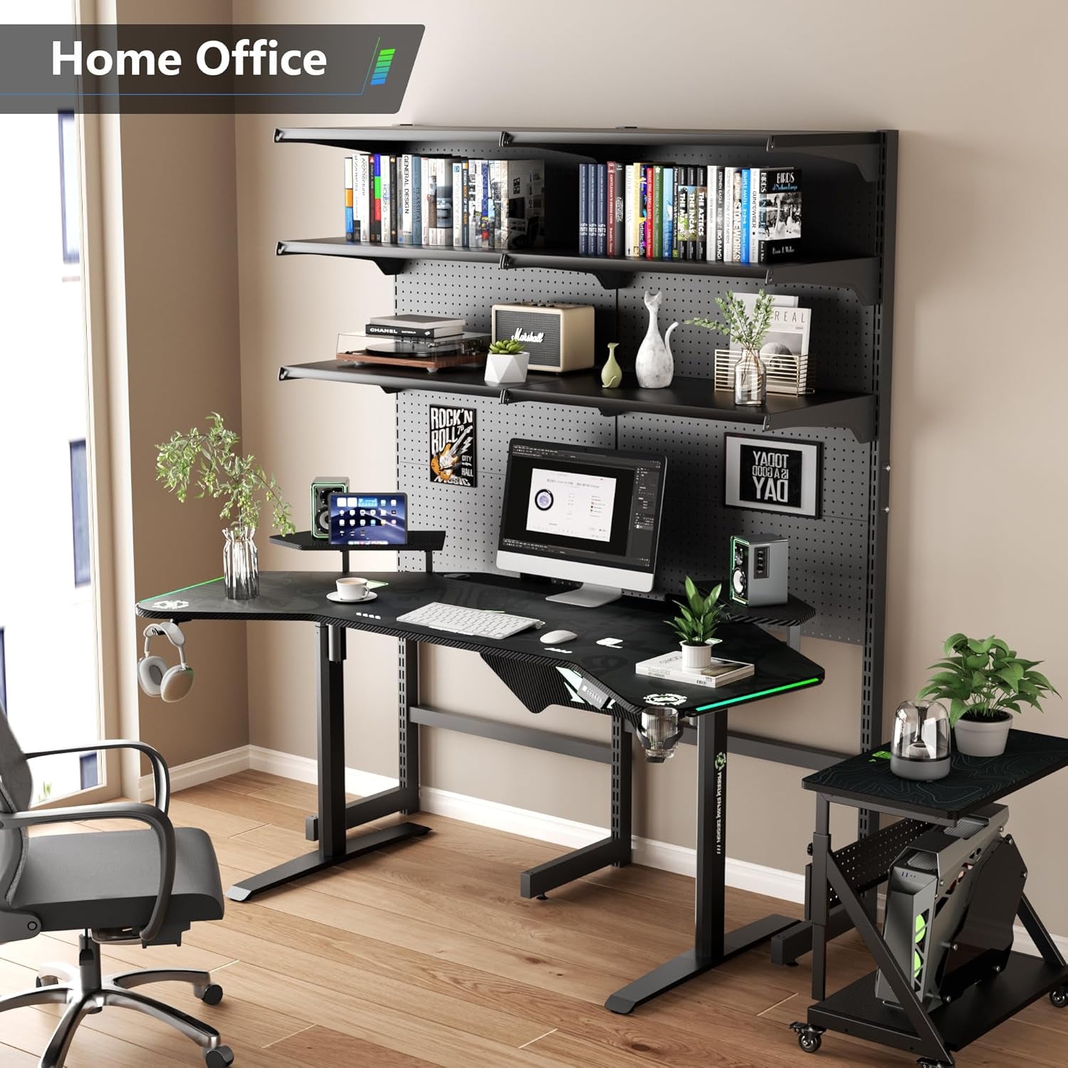 72" Standing Gaming Desk with Dual Motor, Wing-Shaped Computer Desk with Full Coverage Mouse Pad, Electric Height Adjustable Standing Desk with RGB LED Lights and Slot Design Shelves