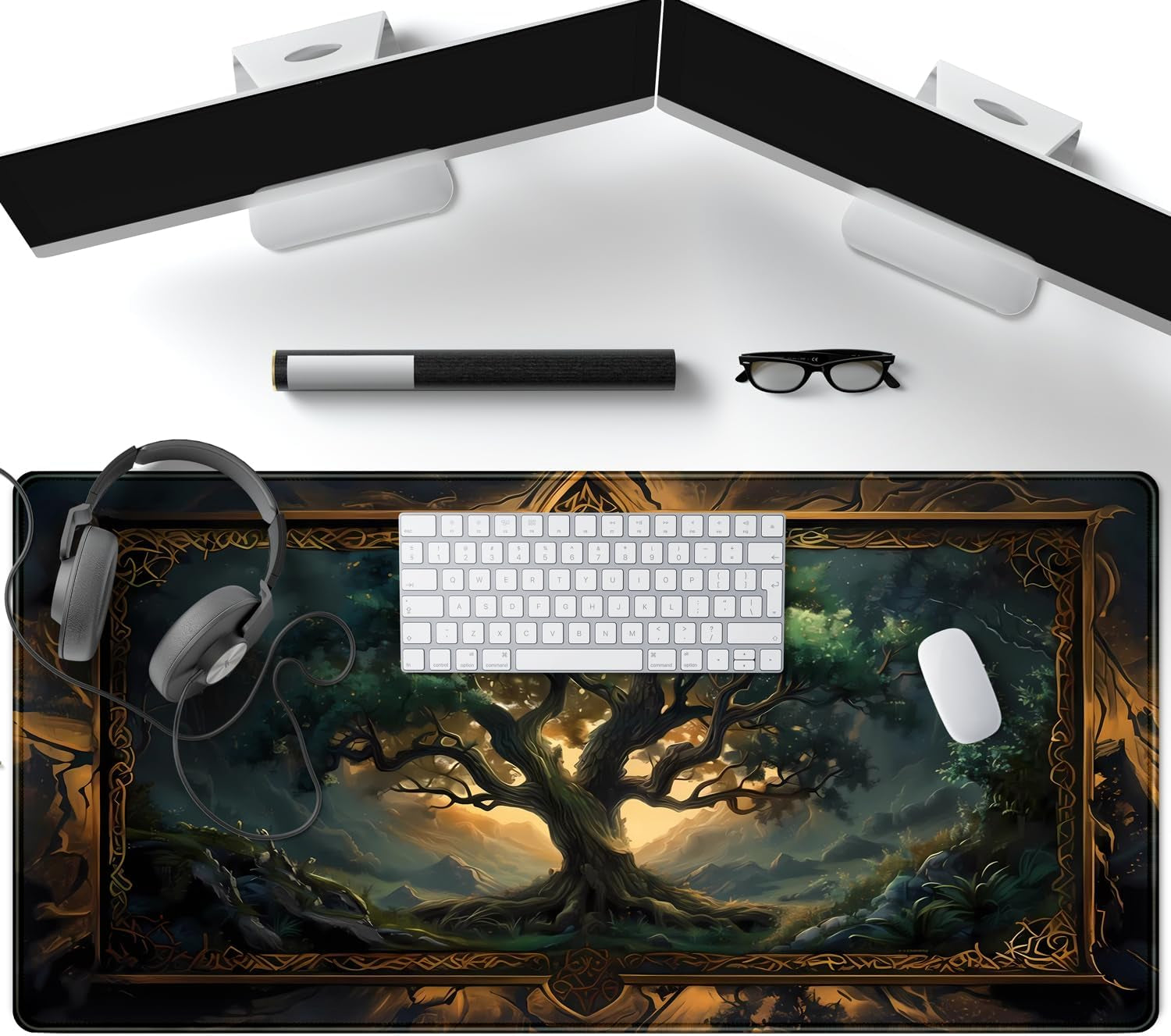 Mystical Green Tree Large Gaming Mouse Pad Forest Tree of Life Deskpad Mat XXL Extended Gaming Desk Large Mousepad Computer Laptop Keyboard and Mouse Mat, Office Desk Decor Pad 31.5X15.8 In