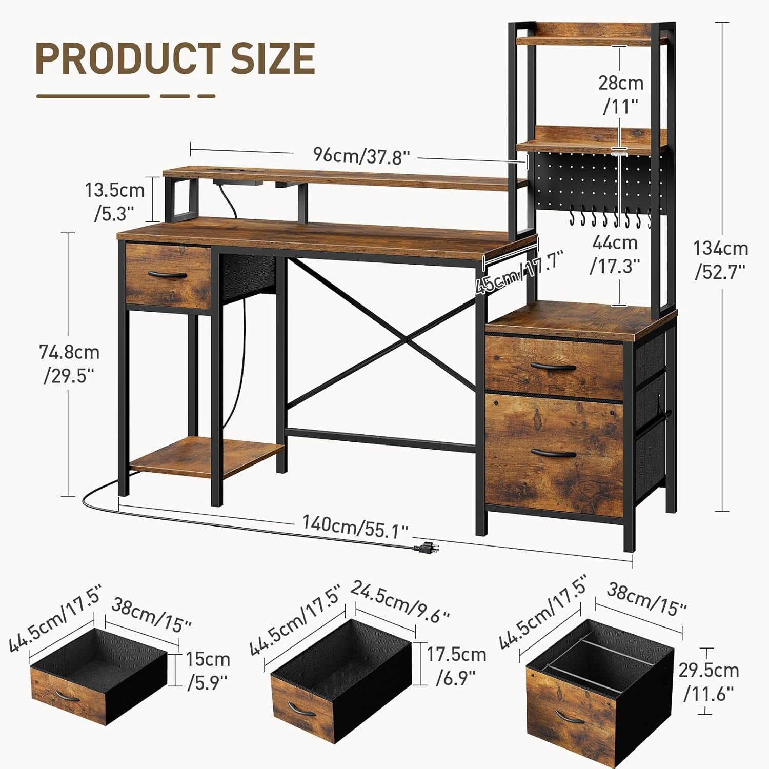 55" Gaming Desk with Power Outlet & LED Light, Computer Desk with Storage Shelves & Monitor Stand, Industrial Gaming Table with Fabric Drawers & Side Hook, Rustic Brown and Black