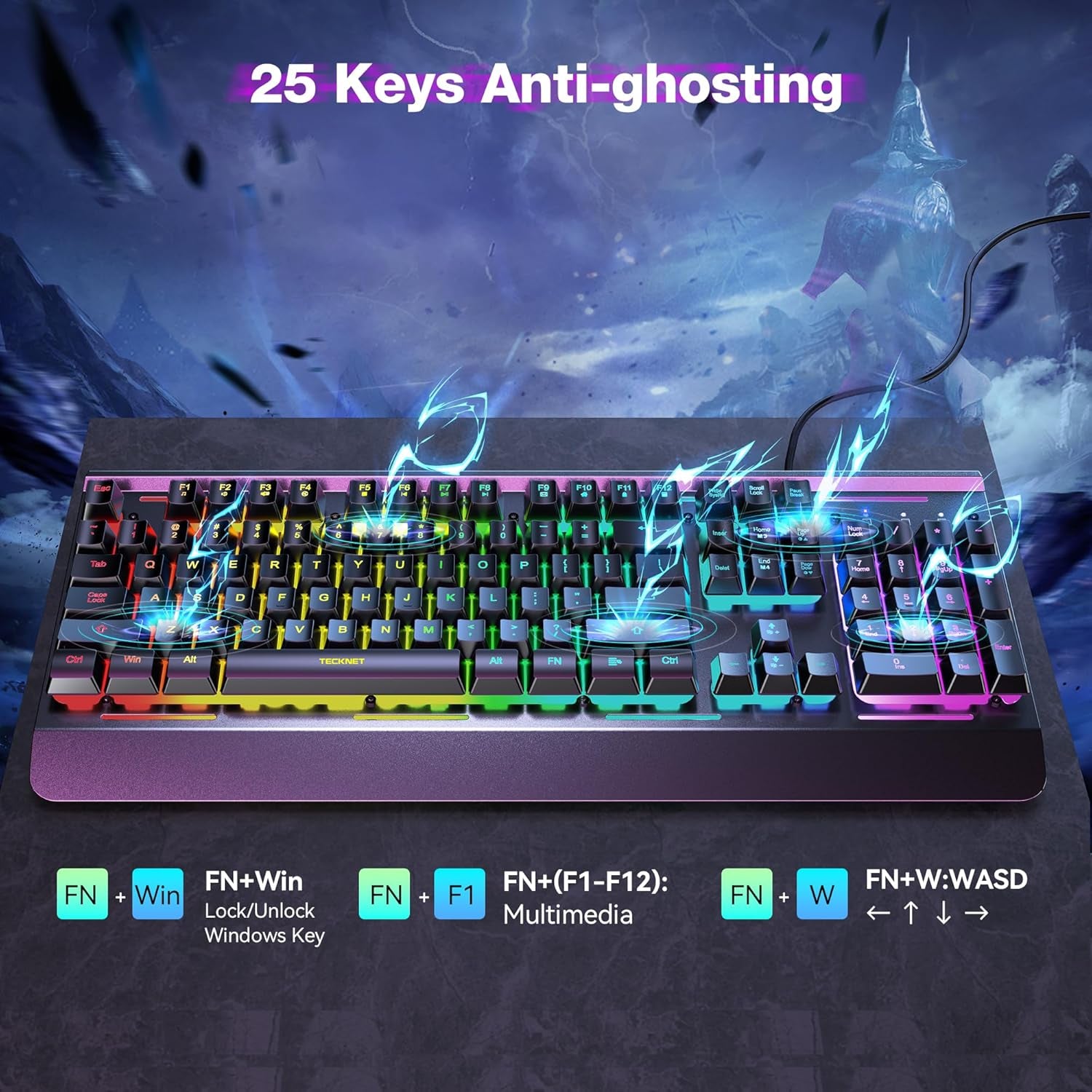 Gaming Keyboard, USB Wired Computer Keyboard, 15-Zone RGB Illumination, IP32 Water Resistance, 25 Anti-Ghosting Keys, All-Metal Panel (Whisper Quiet Gaming Switch)