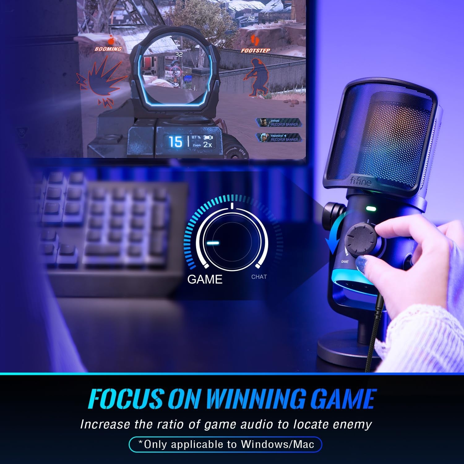 Gaming PC Microphone, USB Streaming Microphone with Game Chat Balance, Computer Condenser Desktop RGB Mic with Mute Button, Noise Cancellation for Podcast/Twitch/Discord-Ampligame AM6