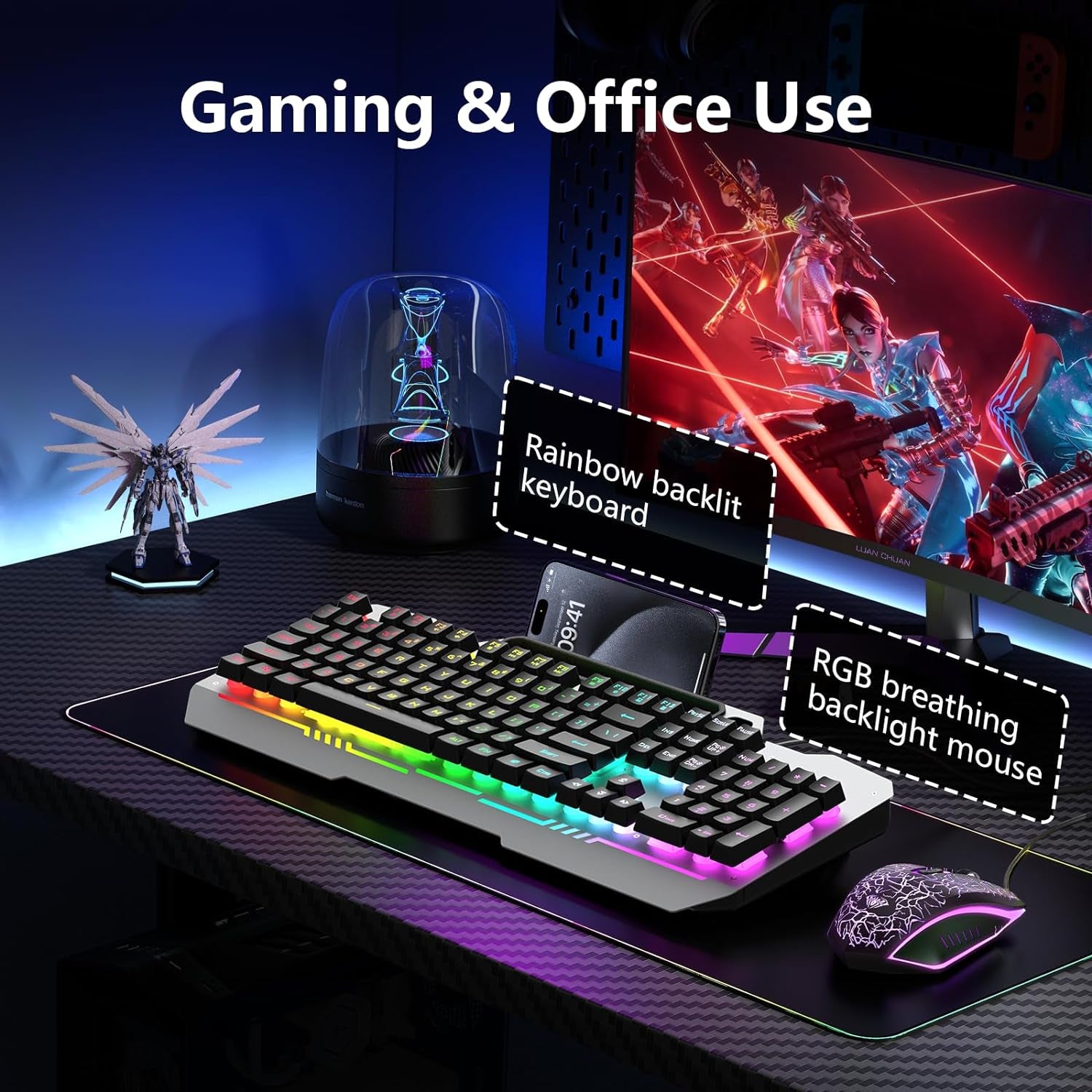 Keyboard, T102 104 Keys Gaming Keyboard and Mouse Combo with RGB Backlit Number Pad, All-Metal Panel Waterproof Light up PC Keyboard, USB Wired Computer Keyboards Gaming for MAC Xbox PC Gamer