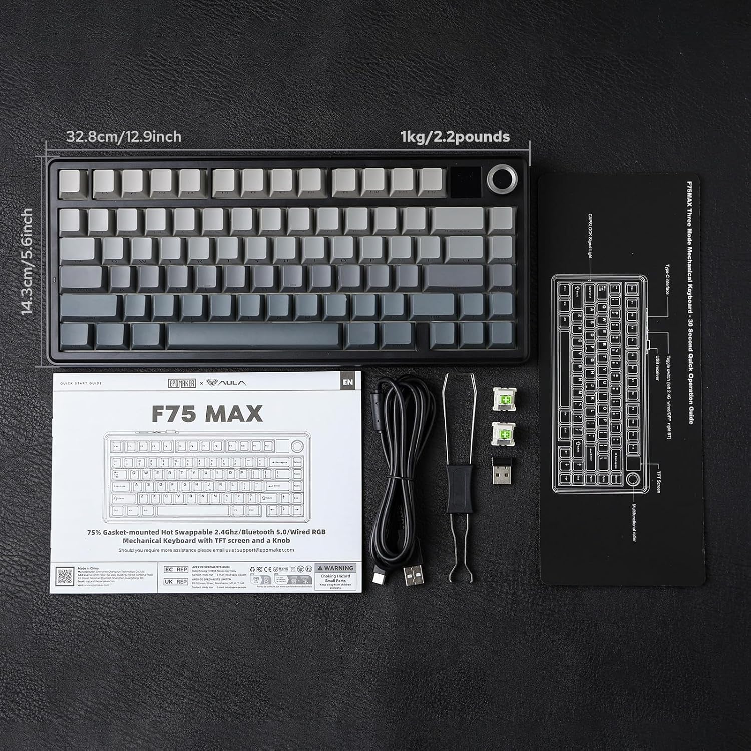 X Aula F75 MAX Wireless Mechanical Keyboard with TFT Screen and Knob, Gasket Gaming Keyboard in 75% Layout, Hot Swappable, RGB Backlight, for Pc/Mac/Linux (Black Gradient)