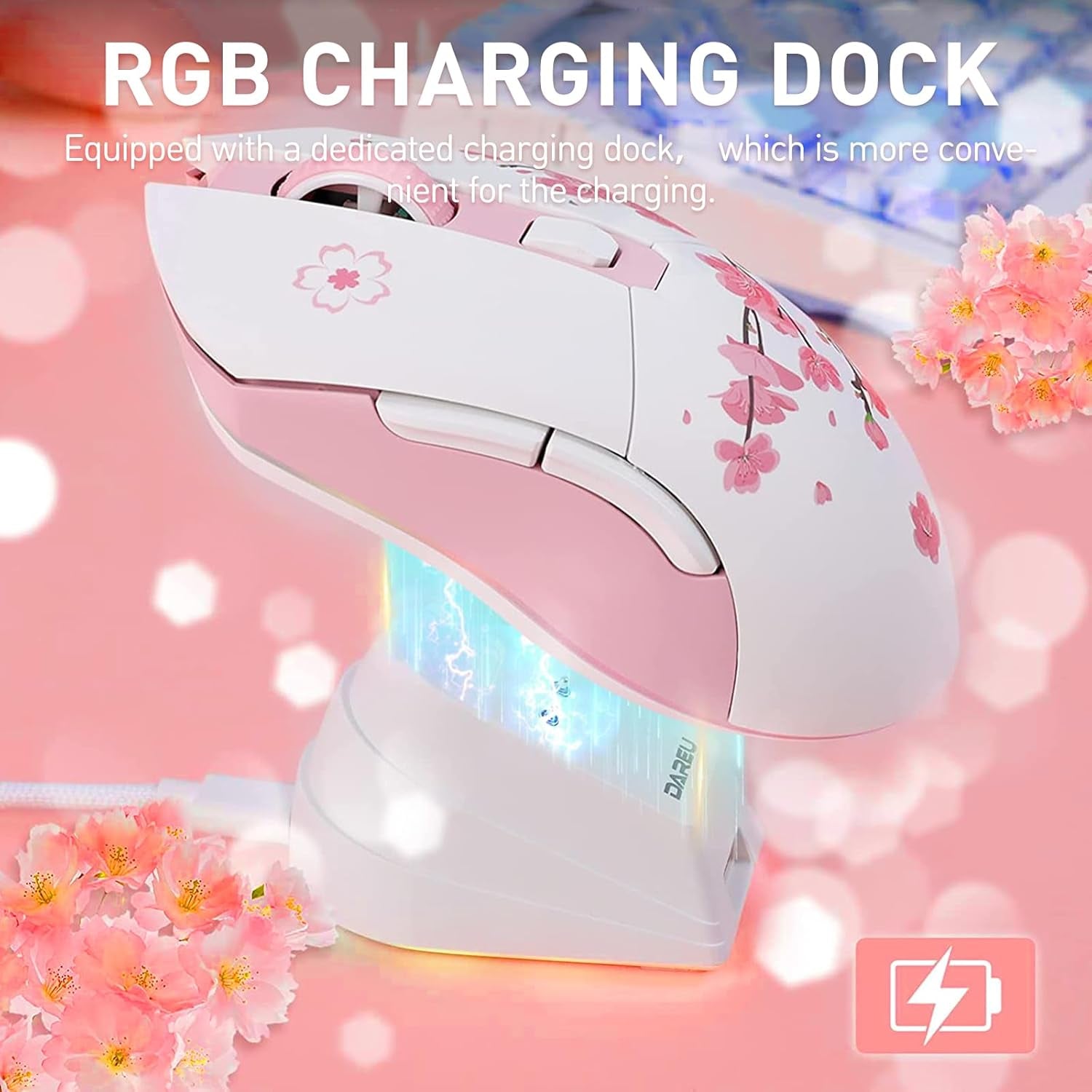 Sakura Pink Wireless Gaming Mouse with Charging Dock Rechargeable RGB,12K DPI,7 Programmable Buttons High-Precision Sensor [300IPS] [1000Hz] for PC Notebook Mac