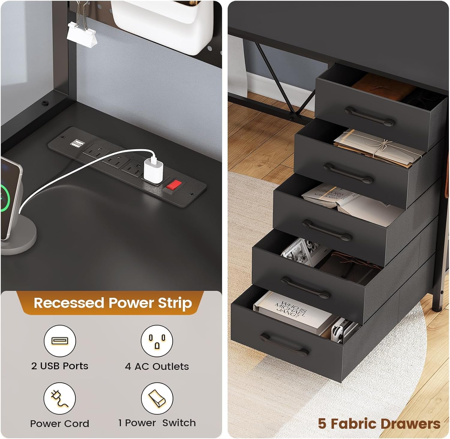 L Shaped Gaming Desk with Drawers, L Shaped Computer Desk with Hutch and Storage Shelves, Gaming Desk with Pegboard, Led Lights, and Power Outlet, Home Office Desk, Corner Desk, Black