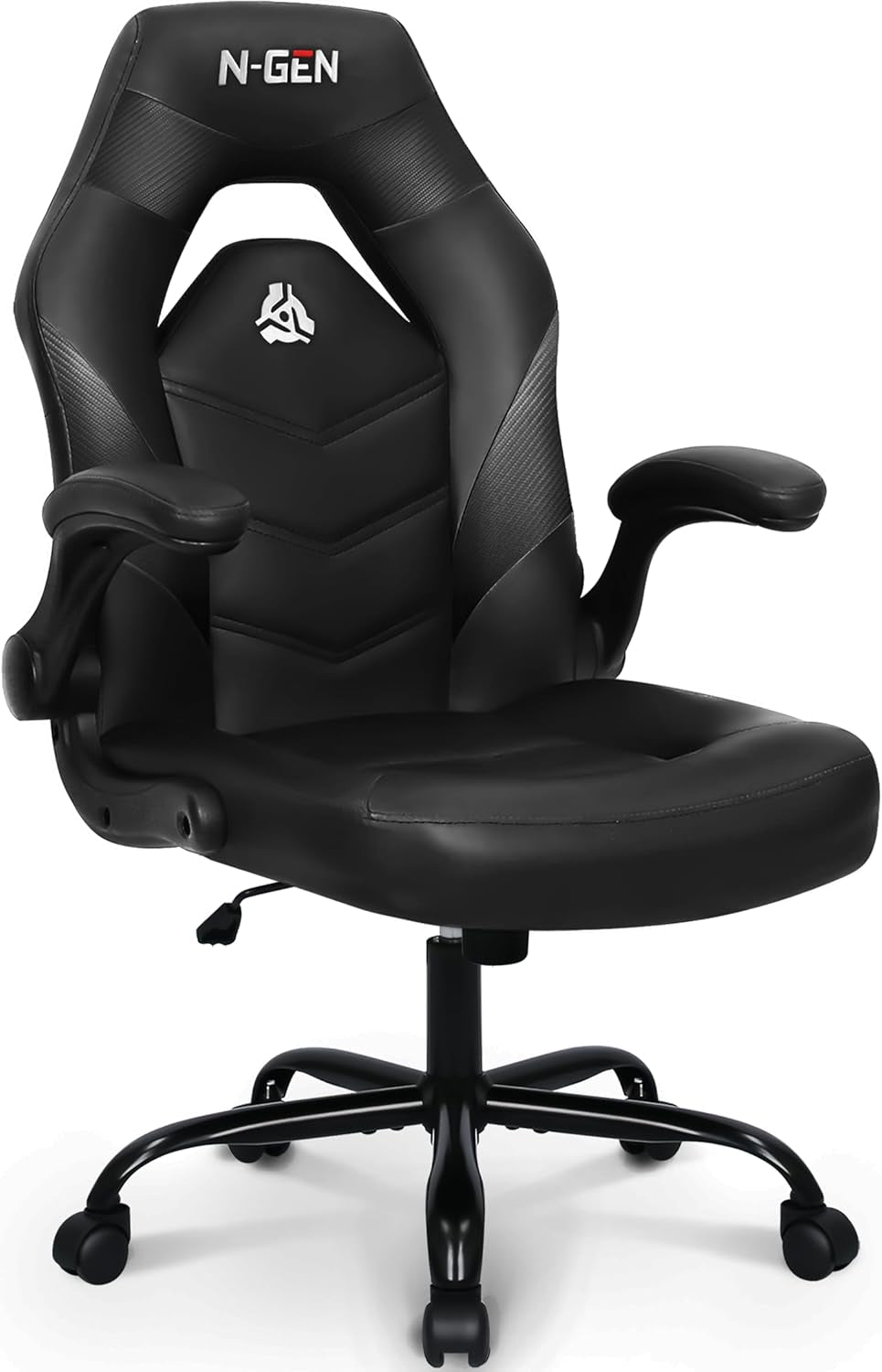 N-GEN Video Gaming Chair Ergonomic Computer Desk Office Chair with Lumbar Support Adjustable Height Swivel Wheels Flip-Up Arms PU Leather Home and Office (Black)