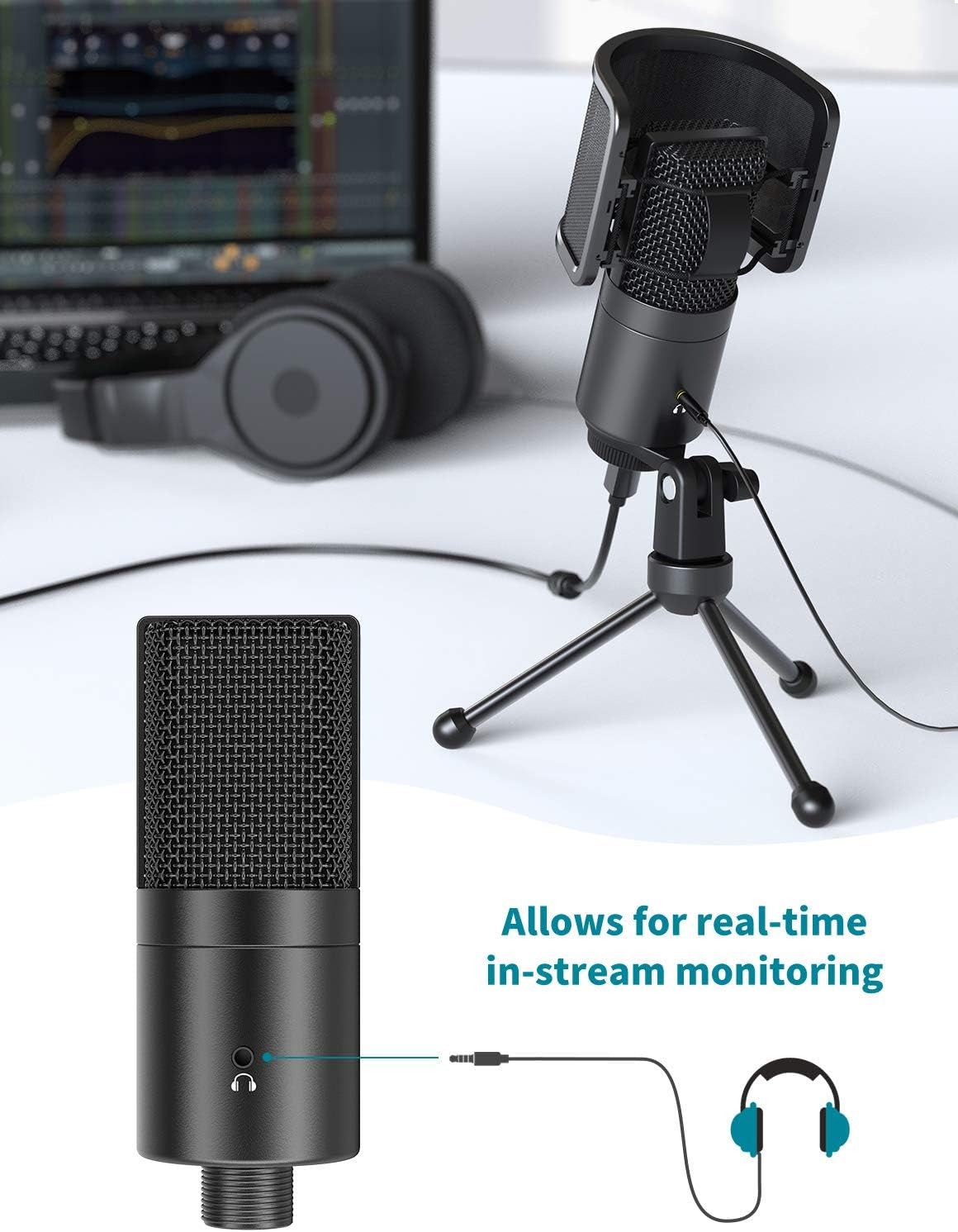 USB Desktop PC Microphone with Pop Filter for Computer and Mac, Studio Condenser Mic with Gain Knob Mute Button Headphone Jack for Gaming Streaming Recording Youtube, Extra USB-C Plug-K683A