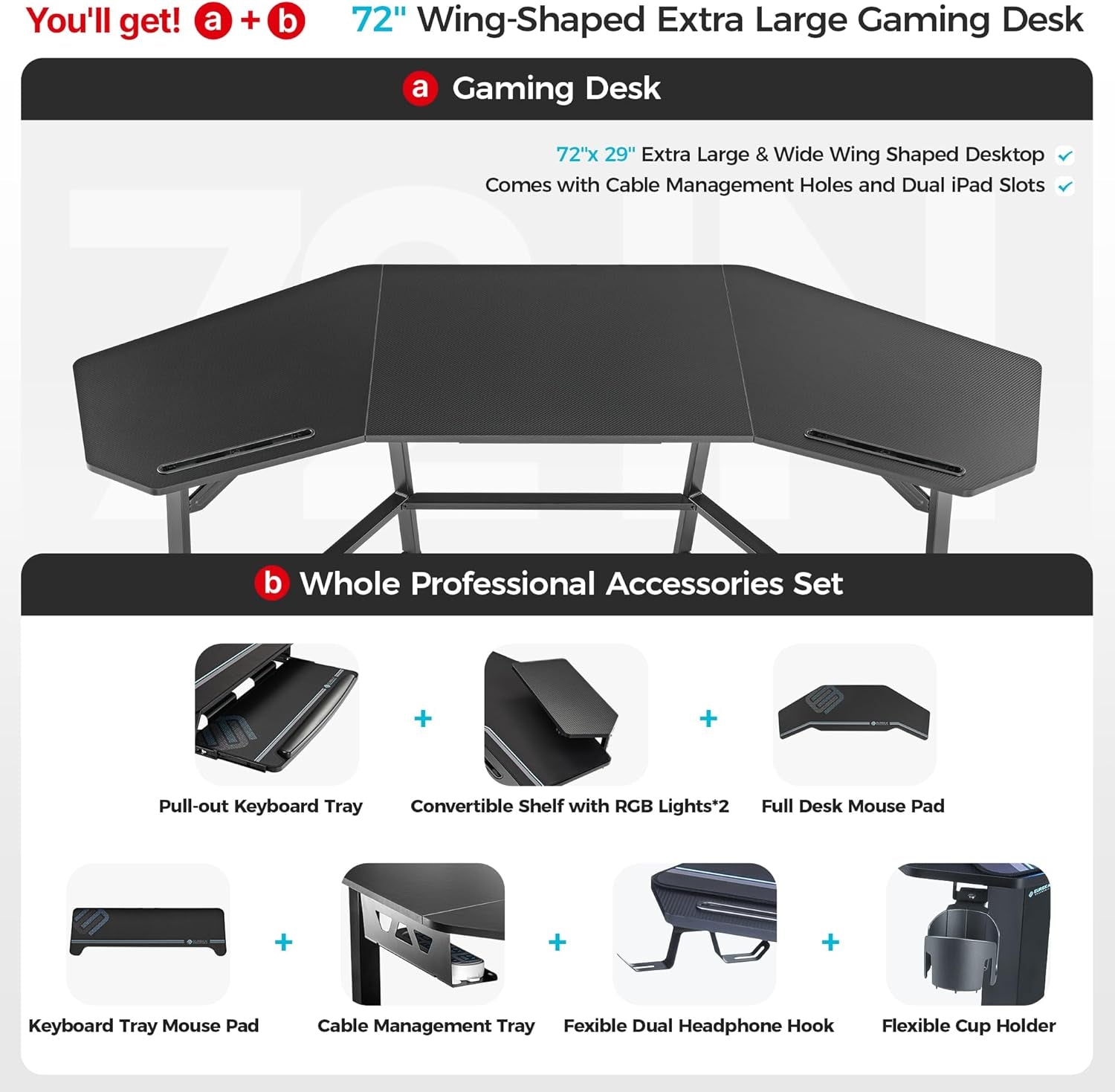 Aero Gaming Desk with Led Lights, 72" Large Wing-Shaped Studio Desk W Keyboard Tray Monitor Stand Dual Headphone Hanger Cup Holder for Live, Streamer