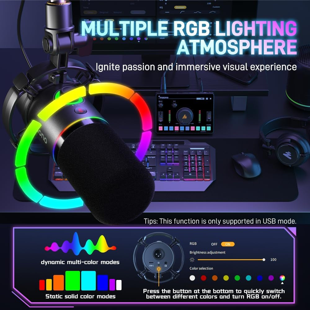 XLR/USB Dynamic Microphone, RGB Gaming Mic with Software, Mute, Gain Knob, Volume Control and Headphone Jack for Streaming, Podcasting, Recording-Pd200X (Black)
