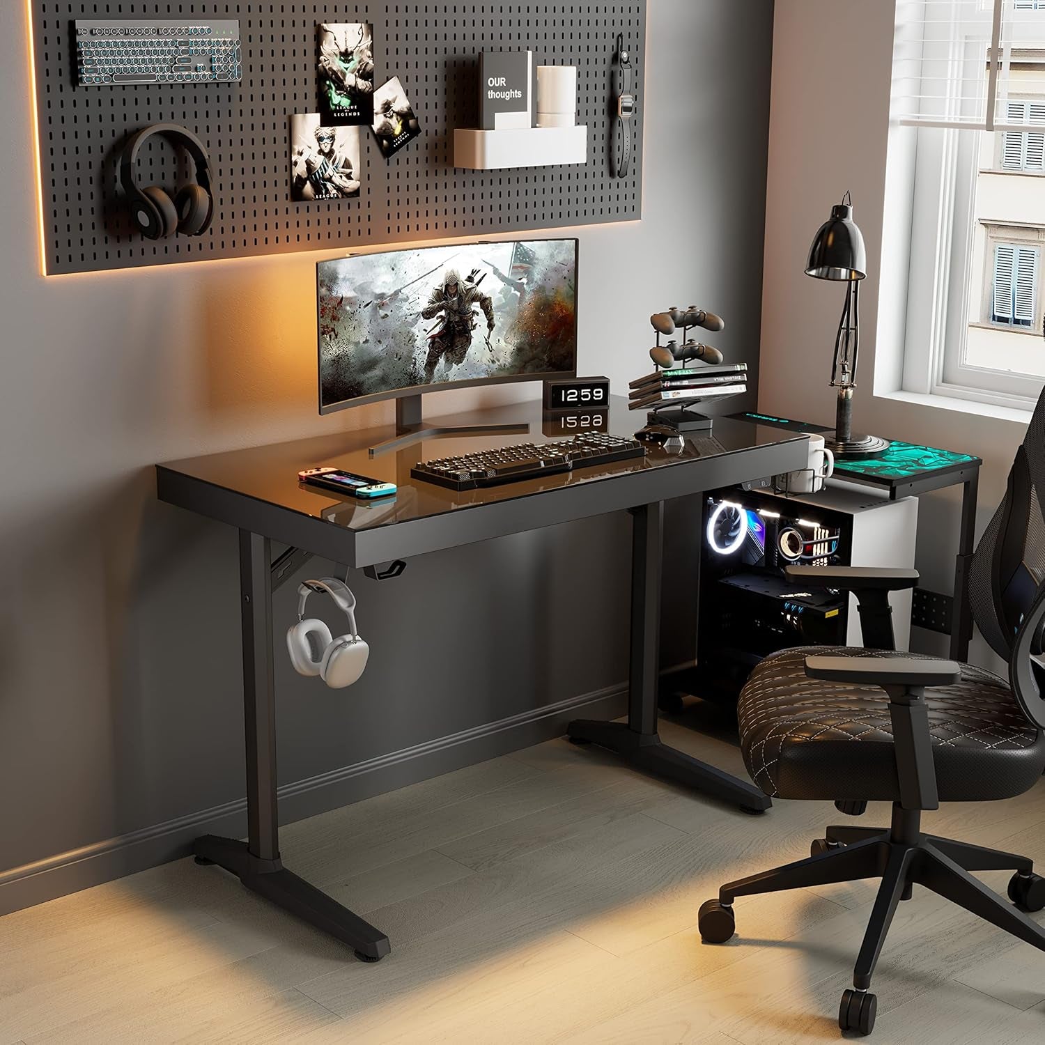 RGB LED Gaming Desk, Music Sync Lights up Tempered Glass Desktop, 43" GTG I43 Home Office Computer Table W Controller Rack 4 USB Charging Ports, APP Control