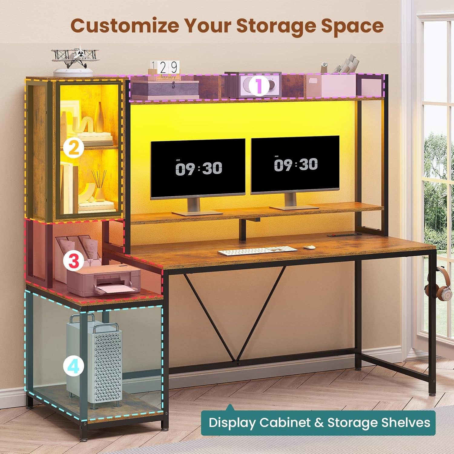 Gaming Desk, 60'' Gaming Desk with Hutch and LED Lights, Computer Desk with Storage Shelves, Large PC Gamer Desk with Display Cabinet, Monitor Stand, Power Outlet for Home Office, Rustic Brown