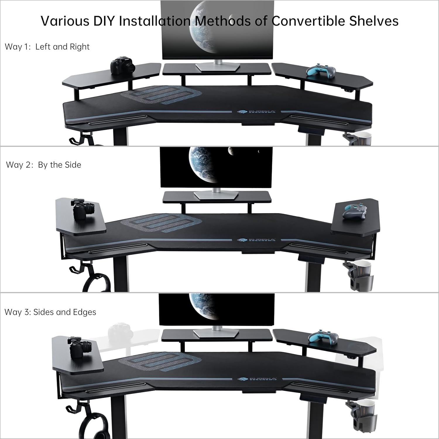 Gaming Desk Adjustable Height Standing Desk 63" Wing Shaped Music Studio Table Workstation W Full Coverage Mousepad, 3 Stands, Dual Headphone/Cup Holder, Ipad-Slot
