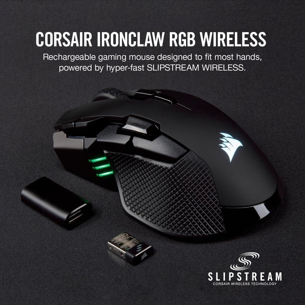 IRONCLAW WIRELESS RGB Rechargeable Gaming Mouse with Slipstream Technology - 18,000 DPI - 3-Zone RGB Multi-Color Backlighting - Black
