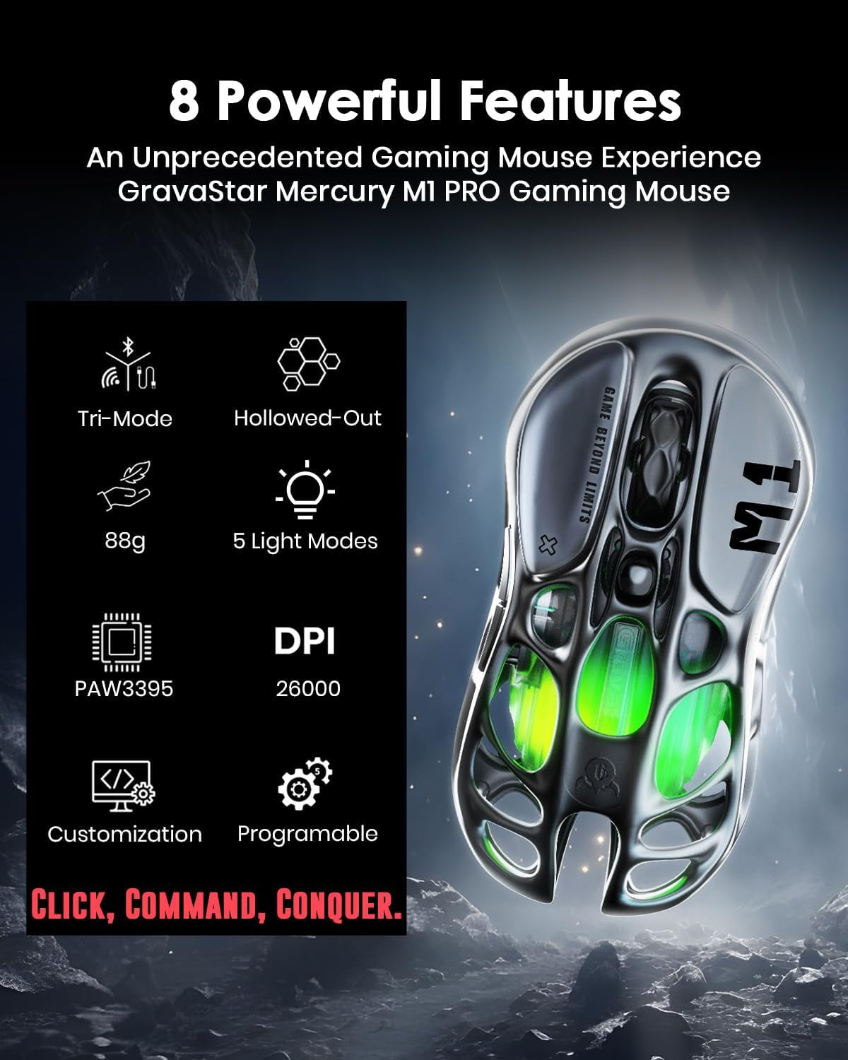 Wireless Gaming Mice Mercury M1 Pro, Lightweight Magnesium Alloy Gaming Mouse, 26,000 DPI, PAW3395DM Sensor, Tri Mode Connection, Support 4K, up to 200 Hours Battery Life