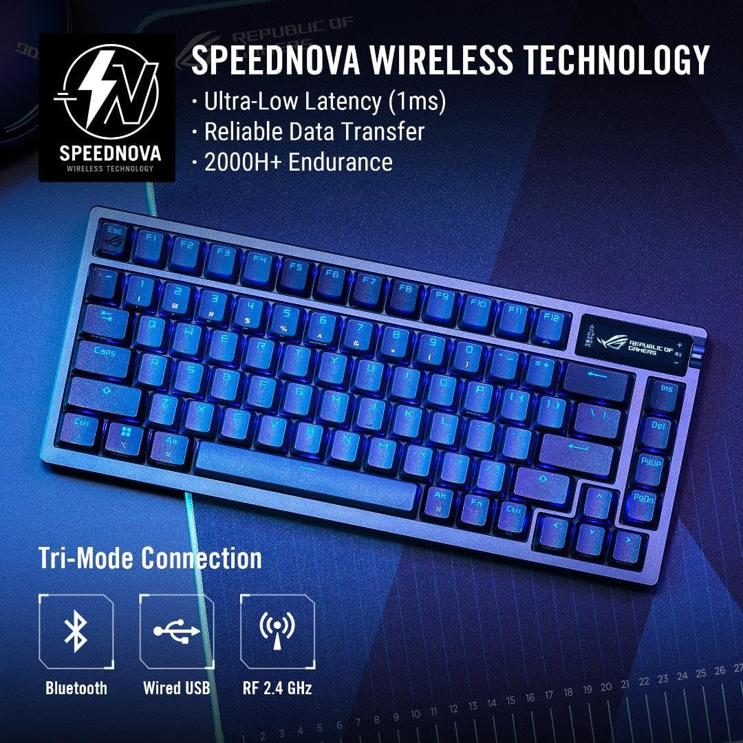ROG Azoth 75 Wireless DIY Custom Gaming Keyboard, OLED Display, Gasket-Mount, Three-Layer Dampening, Hot-Swappable Pre-Lubed ROG NX Snow Switches & Keyboard Stabilizers, PBT Keycaps, RGB
