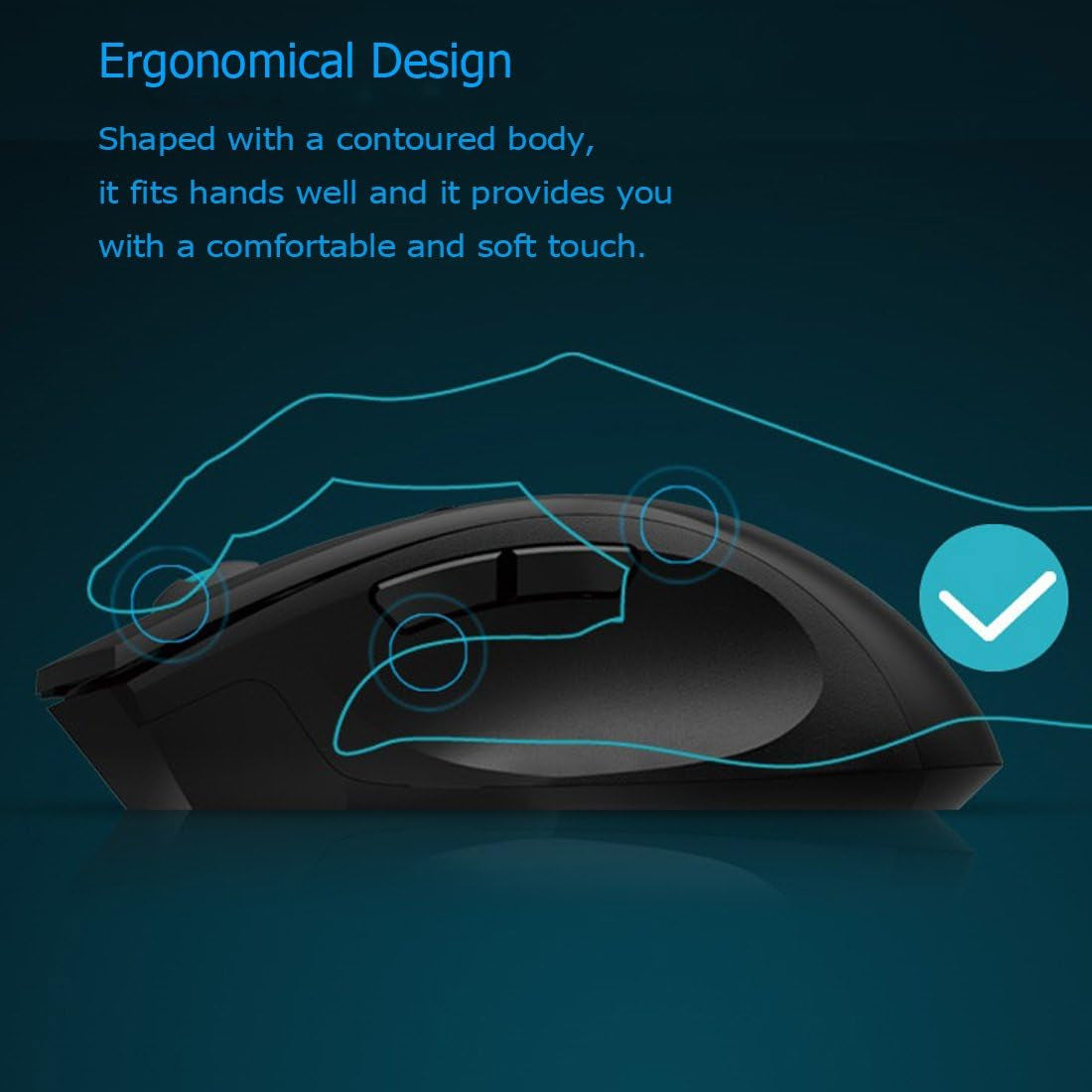 Noiseless Wireless Mouse,Forter I720 Ergonomic Silent Mouse for Gaming and General Use - 2 Side Buttons/2400Dpi - Black