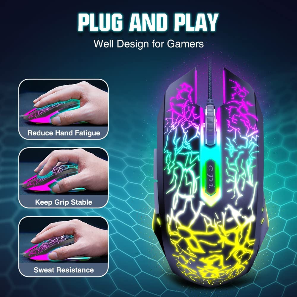 Gaming Mouse Wired, Ergonomic Gamer Laptop PC Optical Computer Mice with RGB Backlit, 4 Adjustable DPI up to 3600, 6 Programmable Buttons for Windows 7/8/10/XP Vista Linux -Black