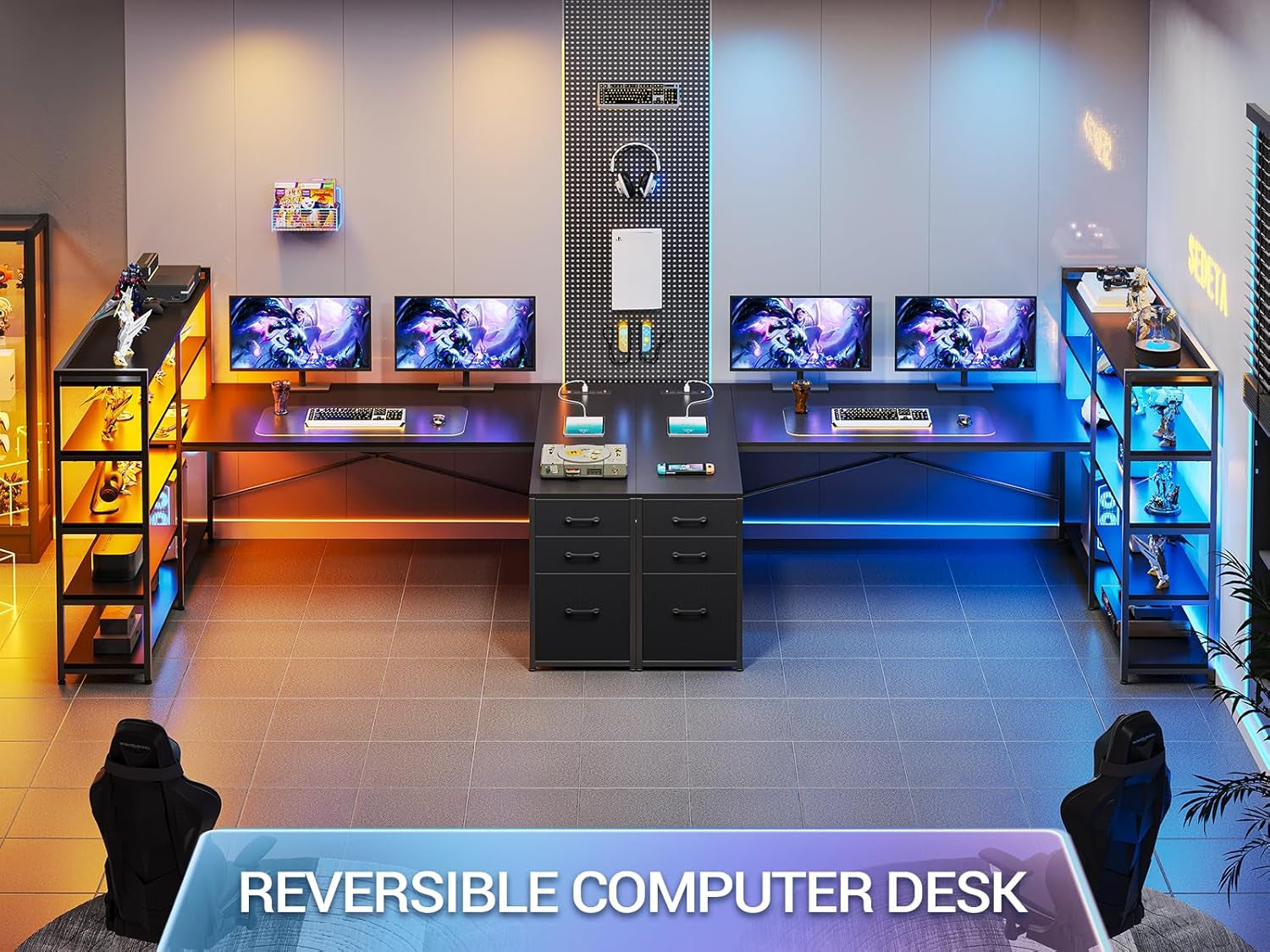 L Shaped Gaming Desk, Reversible U Shaped Computer Desk with Power Outlet and Storage Shelves, Corner Gaming Desk with LED Lights, 3 Fabric Drawers, Black