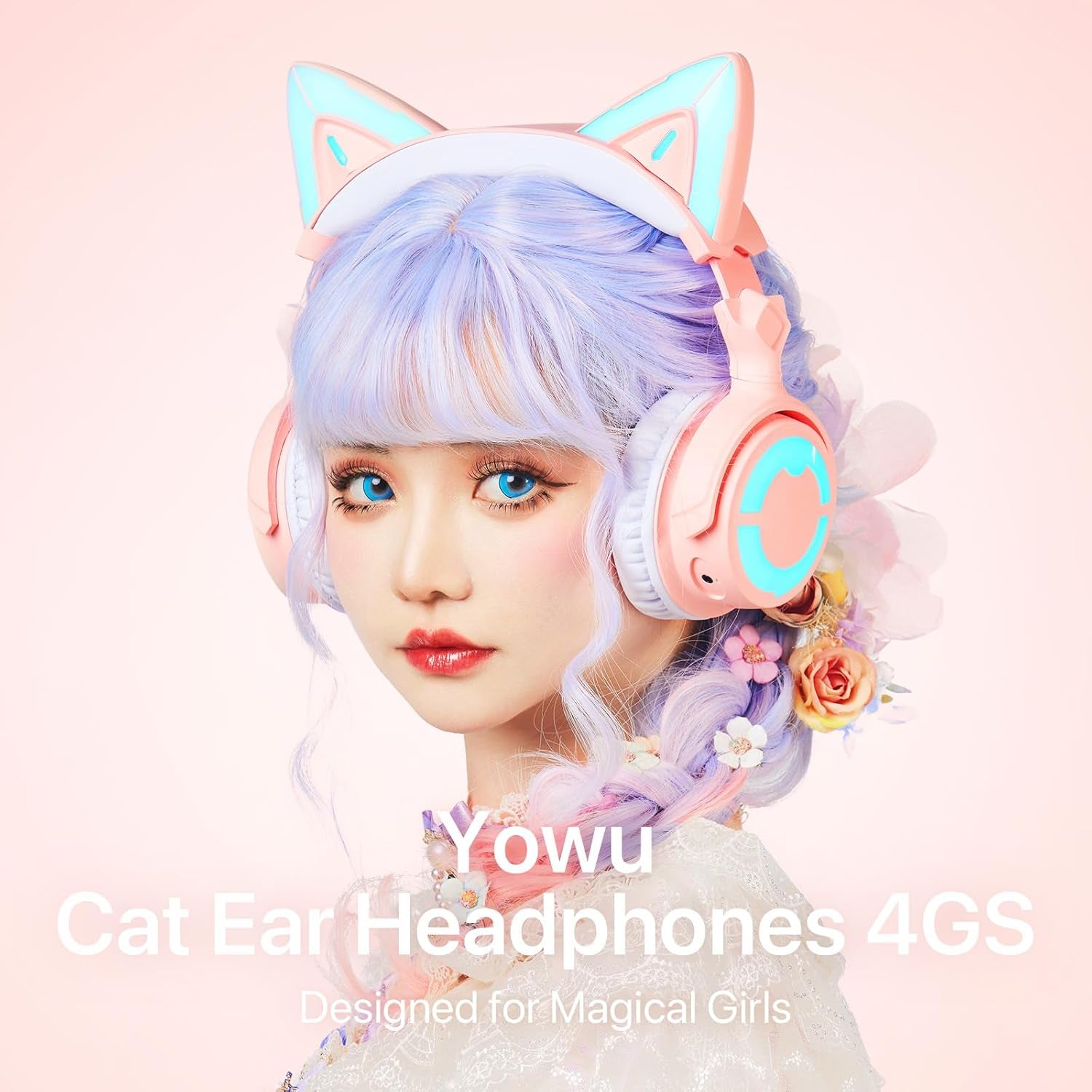 RGB Cat Ear Headphone 4, Upgraded Wireless & Wired Gaming Headset with Attachable HD Microphone -Active Noise Reduction, Dual-Channel Stereo & Customizable Lighting and Effect via APP (Pink)