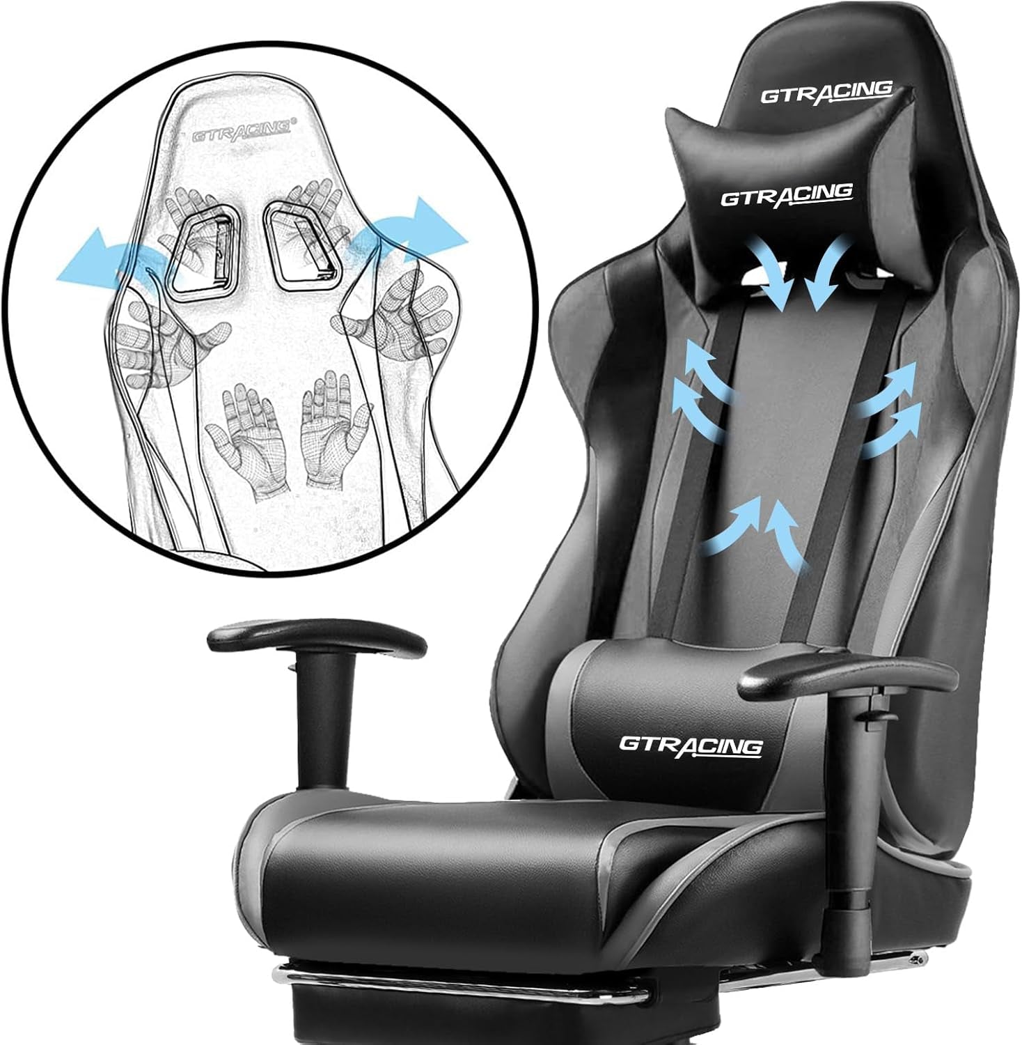 Gaming Chair with Footrest, Ergonomic Computer Game Desk Chair, Reclining Gamer Chair Seat Height Adjustment, Swivel Rocker with Headrest and Lumbar (Gray)