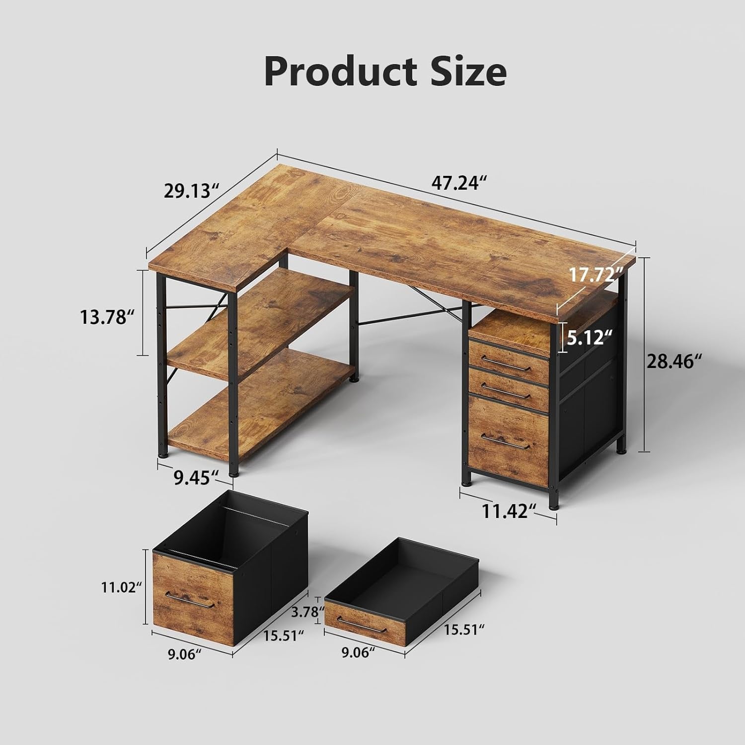 47" Computer Desk with Drawers, Desks for Bedrooms, Writing Desk with Storage, Work Desk for Small Space, Rustic Brown