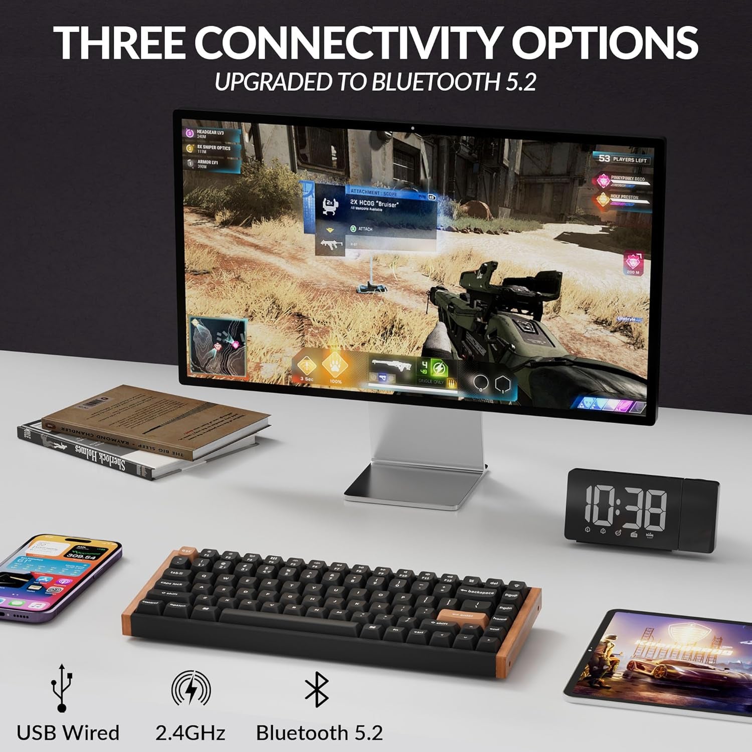 K2 HE Rapid Trigger Wireless Custom Mechanical Keyboard with Hall Effect Gateron Double-Rail Magnetic Switch, QMK 2.4 Ghz Bluetooth 5.2 RGB Compatible with Mac Windows Linux (Aluminum + Wood)