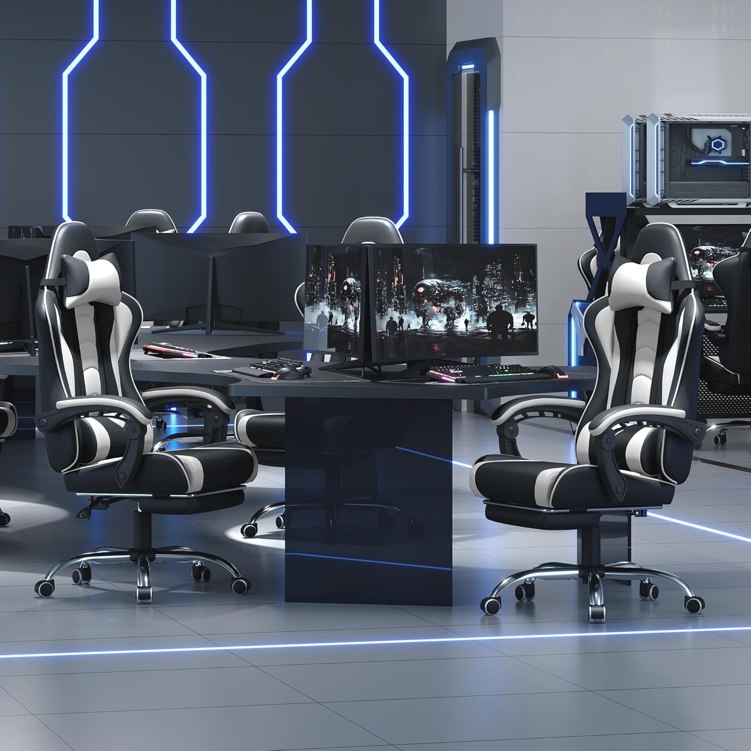 Gaming Chair, Video Game Chair with Massage Lumbar Support and Footrest Height Adjustable Ergonomic Computer Gaming Chair with Swivel Seat and Headrest, Black/White